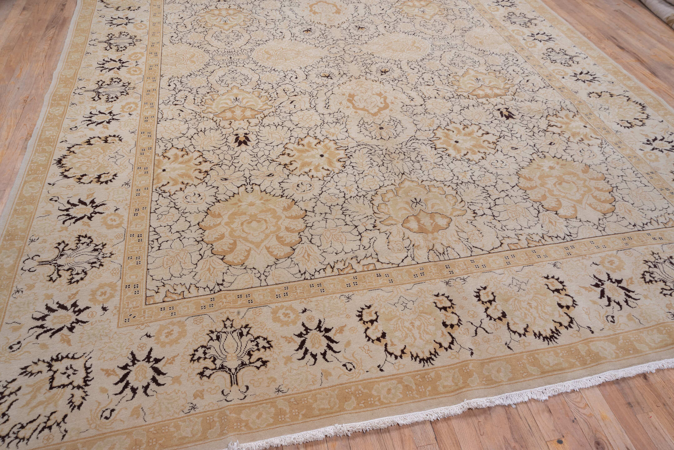 10' x 13' one-of-a-kind handmade vintage Agra large size rug. Color palette: ivory, beige, taupe, brown, camel, gray