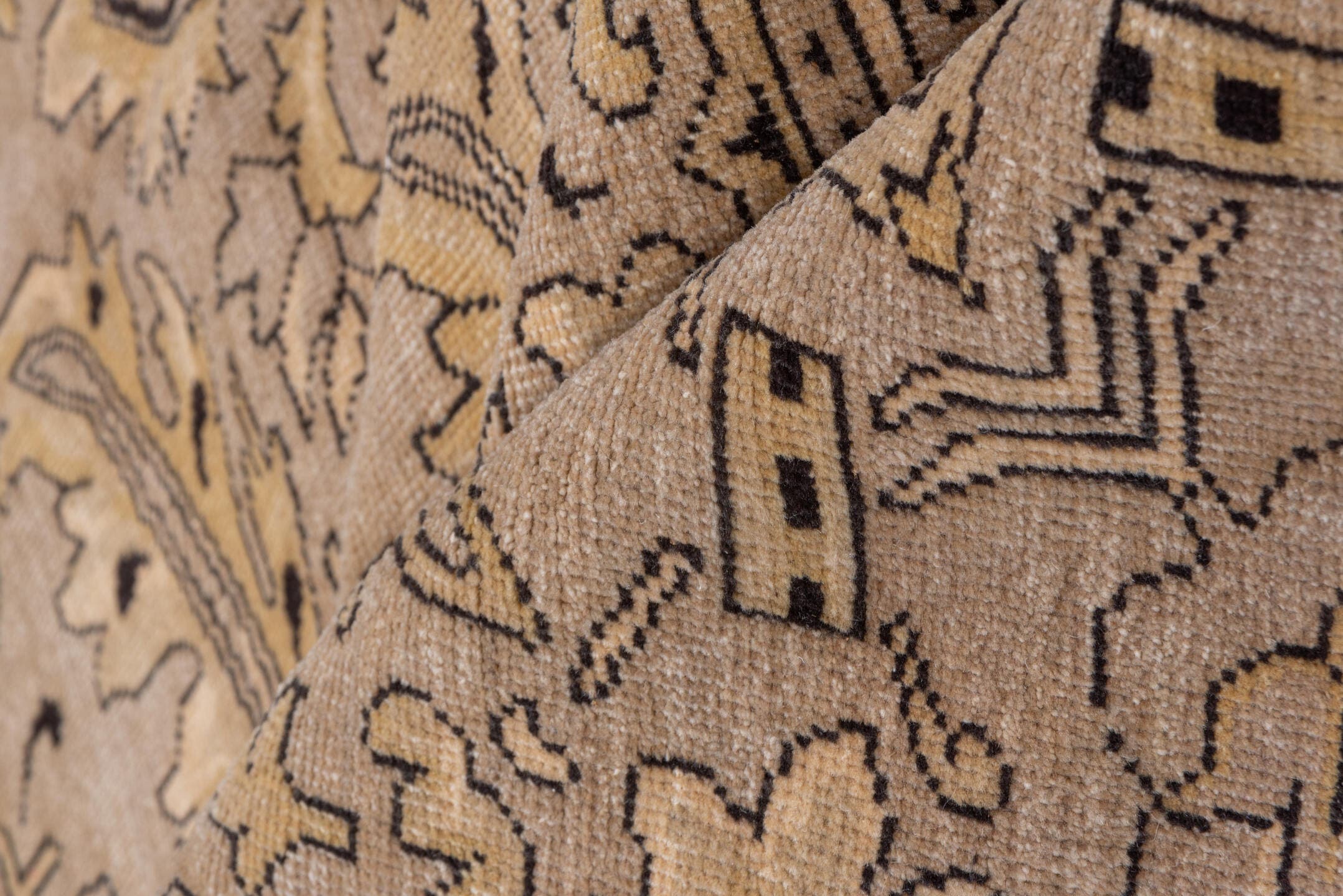 10' x 13' one-of-a-kind handmade vintage Khotan large size rug. Color palette: taupe, beige, camel, brown, ivory, charcoal