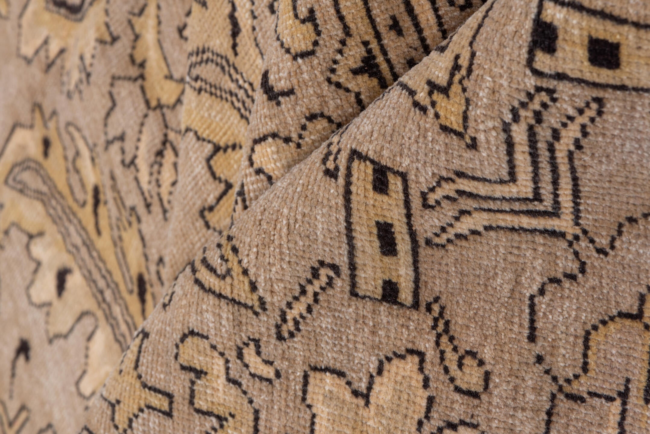 10' x 13' one-of-a-kind handmade vintage Khotan large size rug. Color palette: taupe, beige, camel, brown, ivory, charcoal