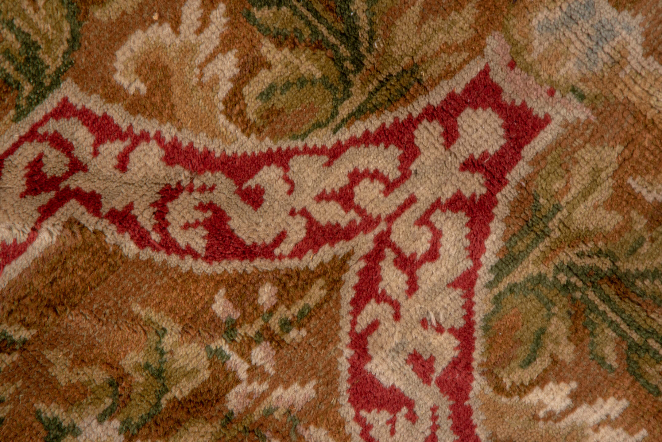 9' x 11' one-of-a-kind handmade vintage Savonnerie large size rug. Color palette: camel, rose, ivory, powder_blue, sage