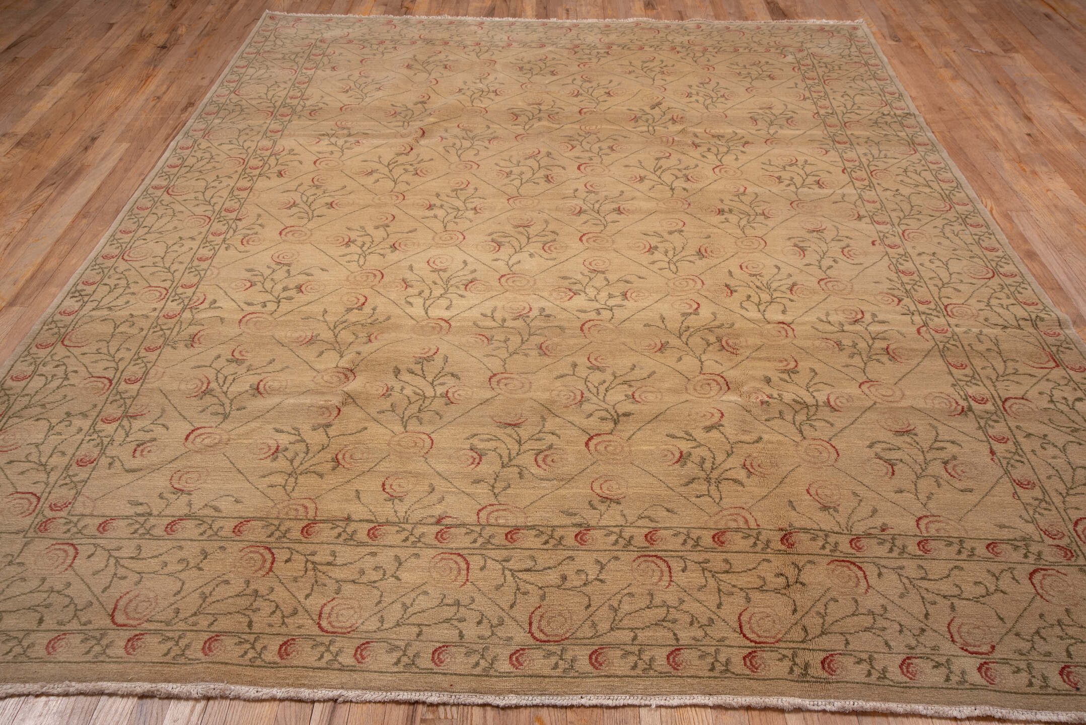 8' x 10' one-of-a-kind handmade vintage Aubusson large size rug. Color palette: beige, camel, rose, olive, taupe, pink, red
