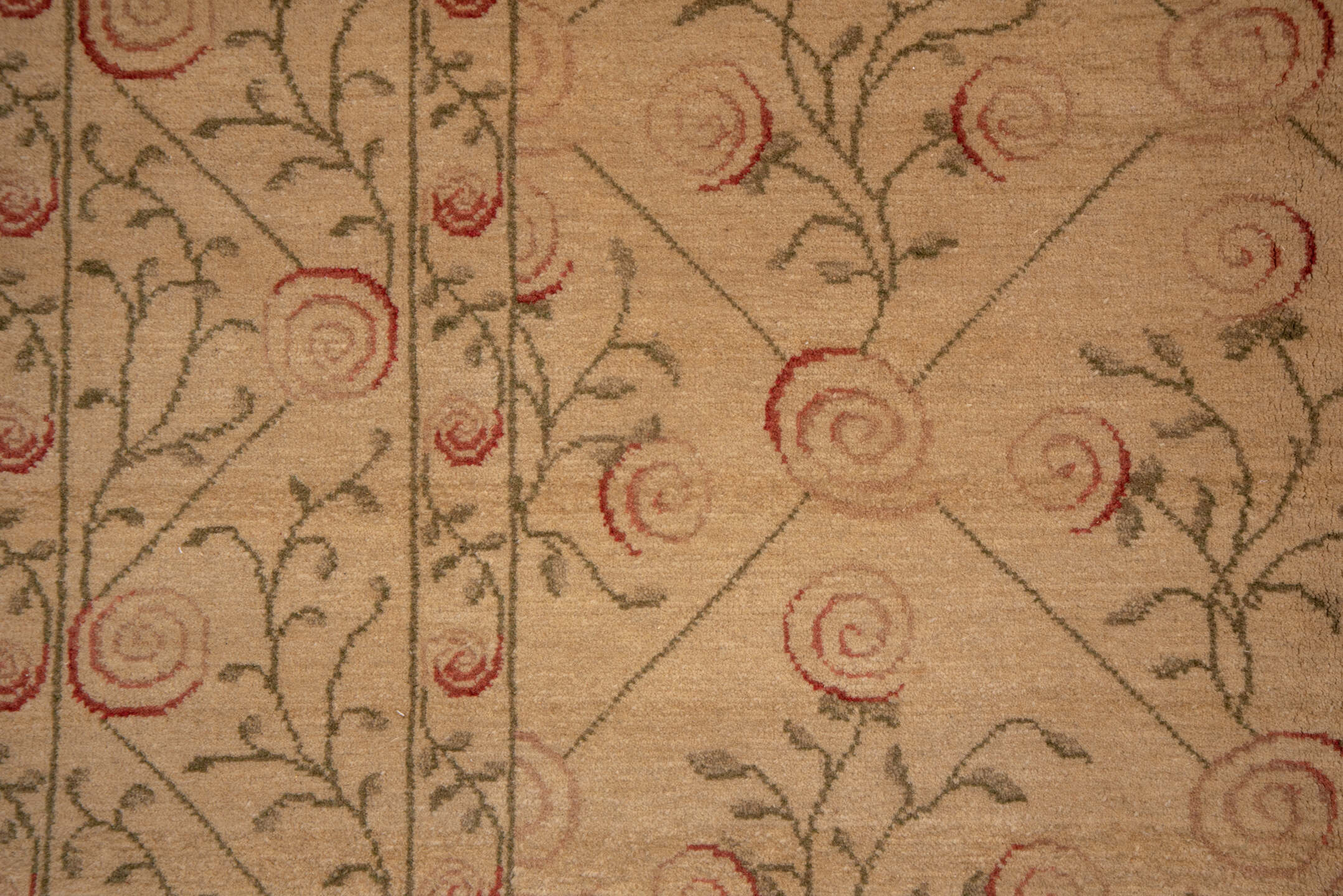 8' x 10' one-of-a-kind handmade vintage Aubusson large size rug. Color palette: beige, camel, rose, olive, taupe, pink, red