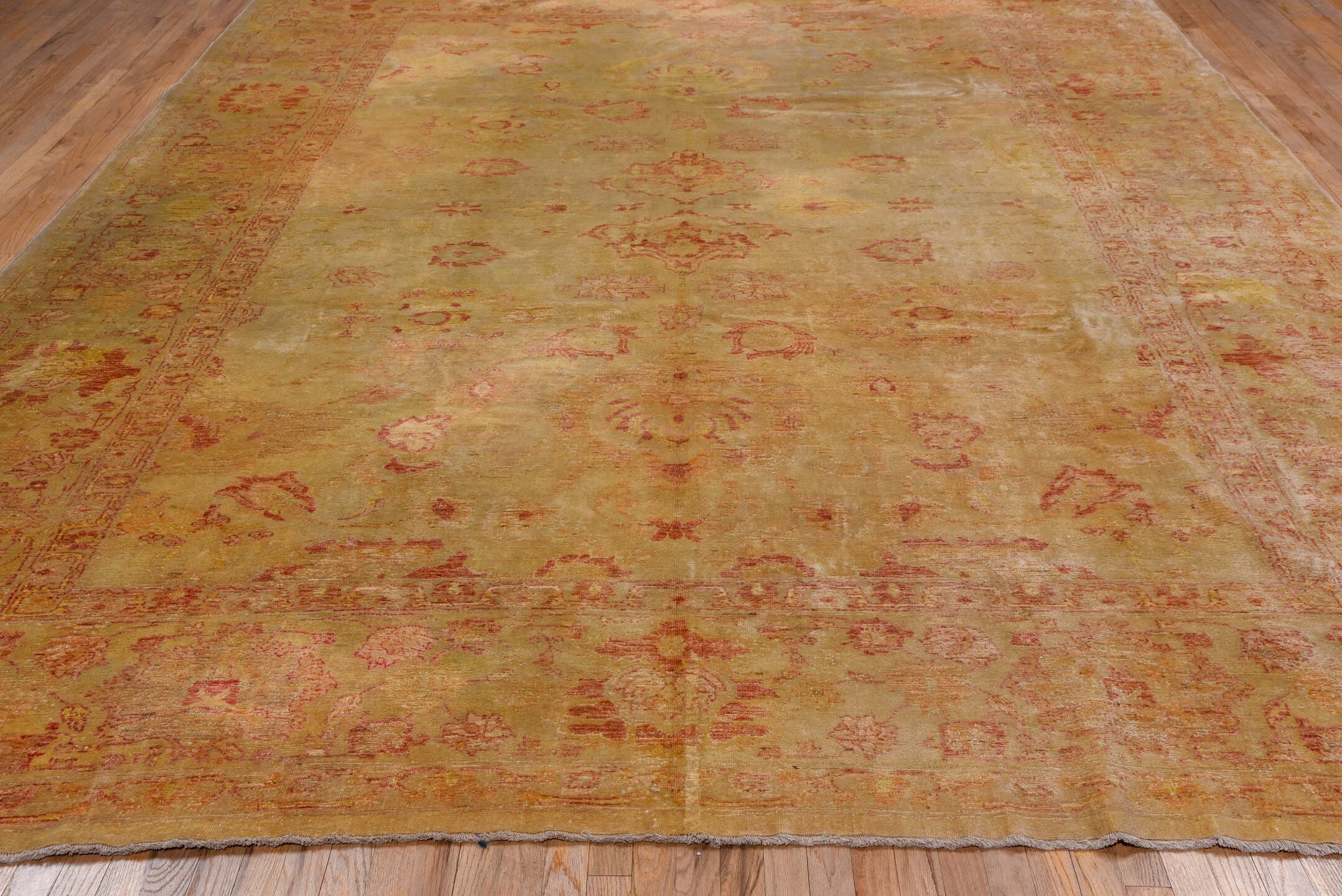 10' x 12' one-of-a-kind handmade vintage Oushak large size rug. Color palette: tan, blush, camel, gold, ivory, rose, beige