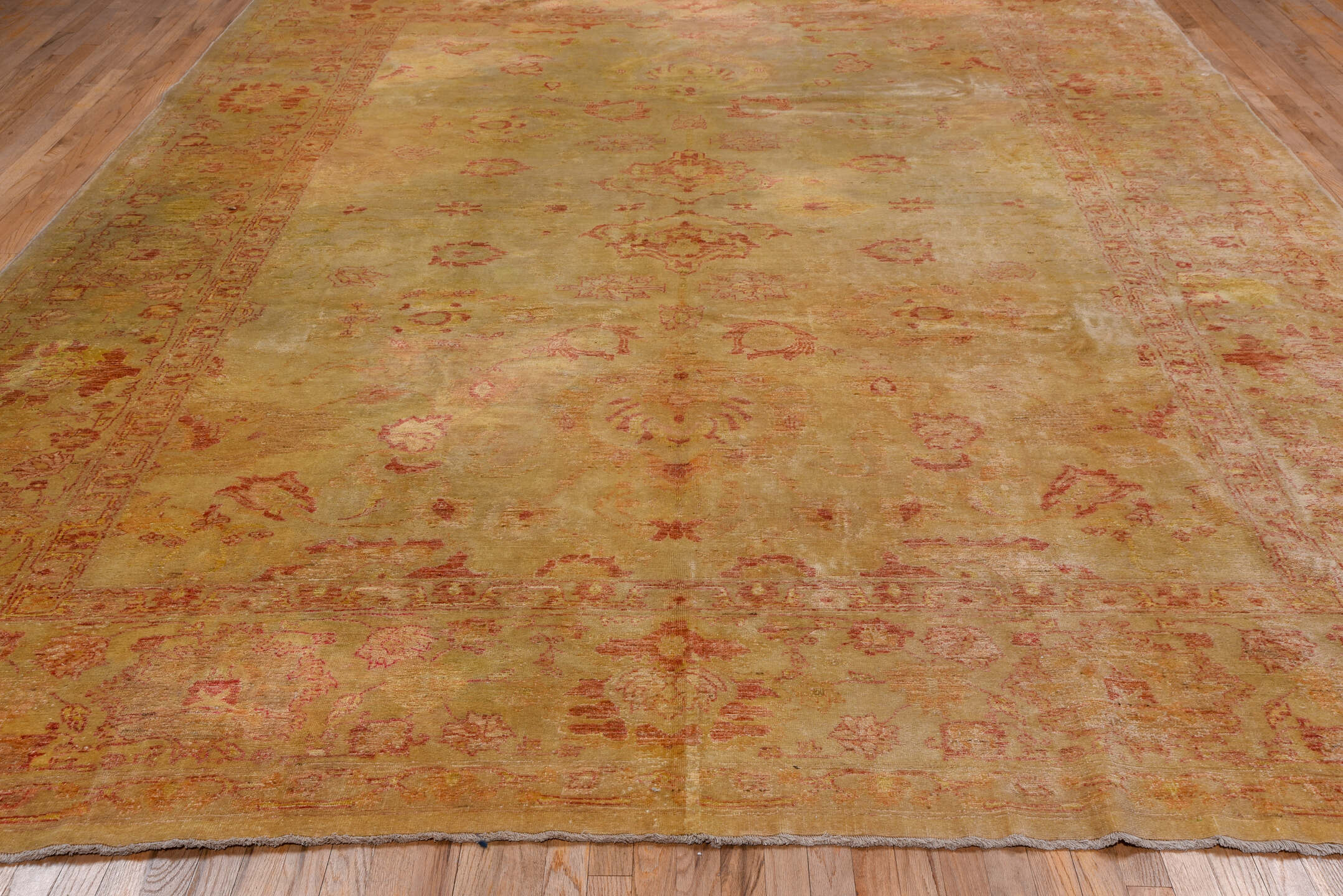 10' x 12' one-of-a-kind handmade vintage Oushak large size rug. Color palette: tan, blush, camel, gold, ivory, rose, beige