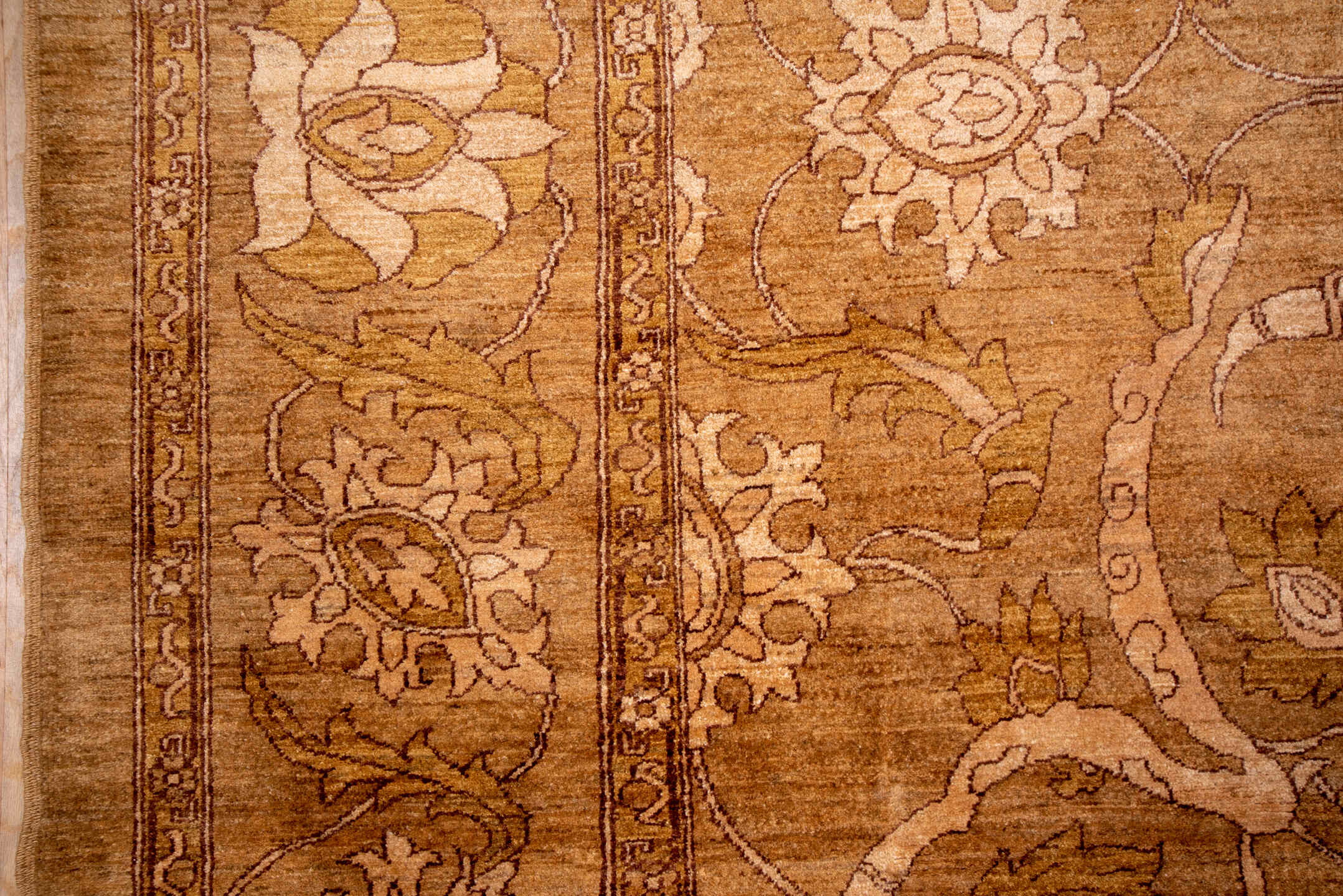 10' x 13' one-of-a-kind handmade vintage Amritzar large size rug. Color palette: brown, burlywood, orange, pink, yellow