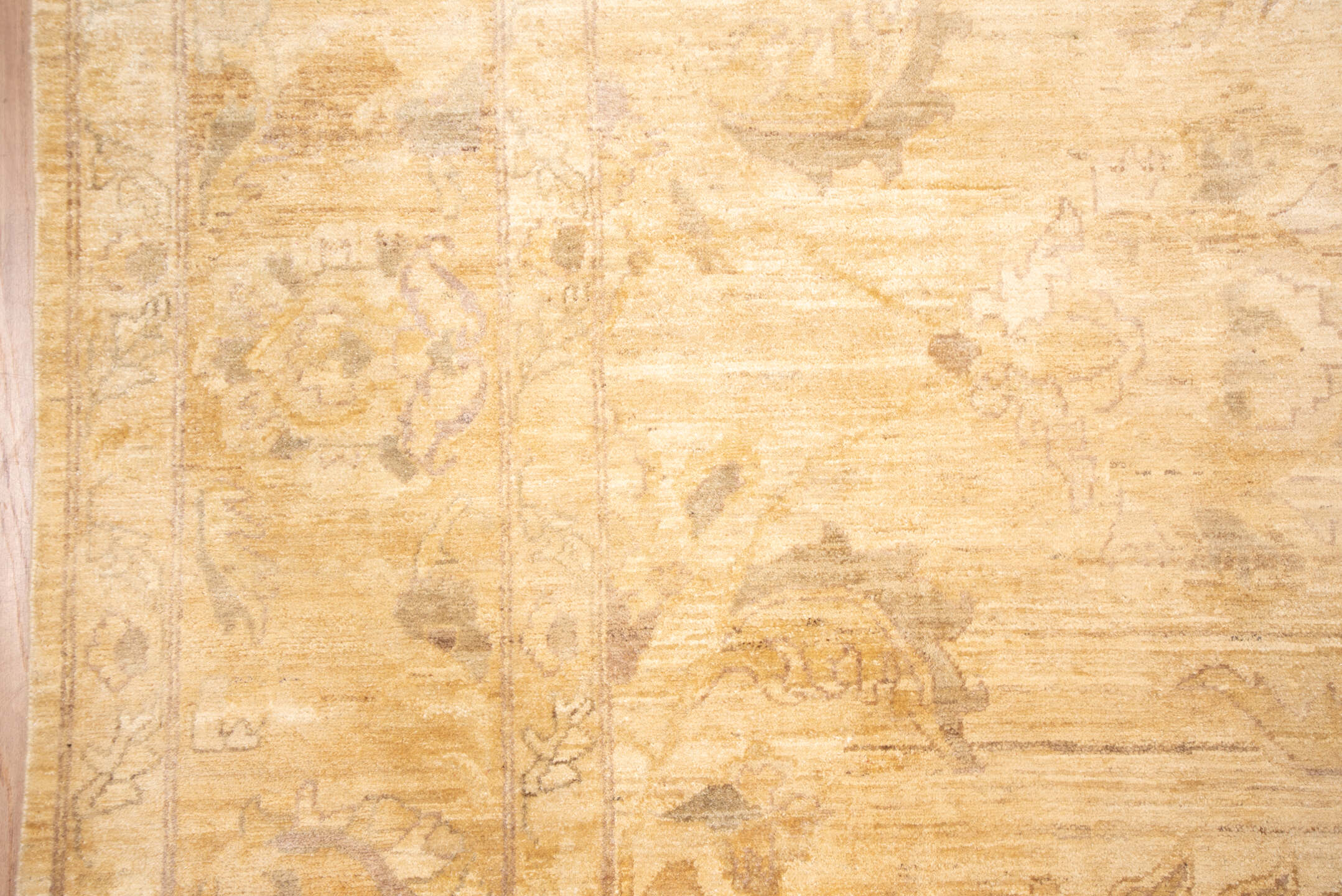 9' x 13' one-of-a-kind handmade vintage Oushak large size rug. Color palette: gold, camel, ivory, taupe, beige, gray