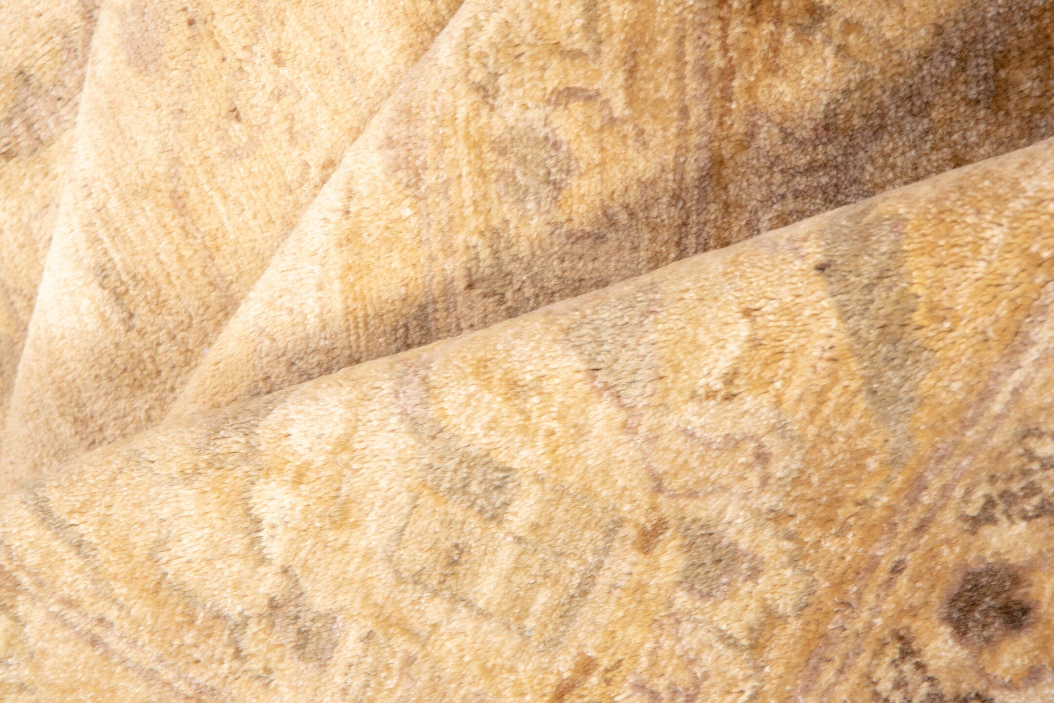 9' x 13' one-of-a-kind handmade vintage Oushak large size rug. Color palette: gold, camel, ivory, taupe, beige, gray