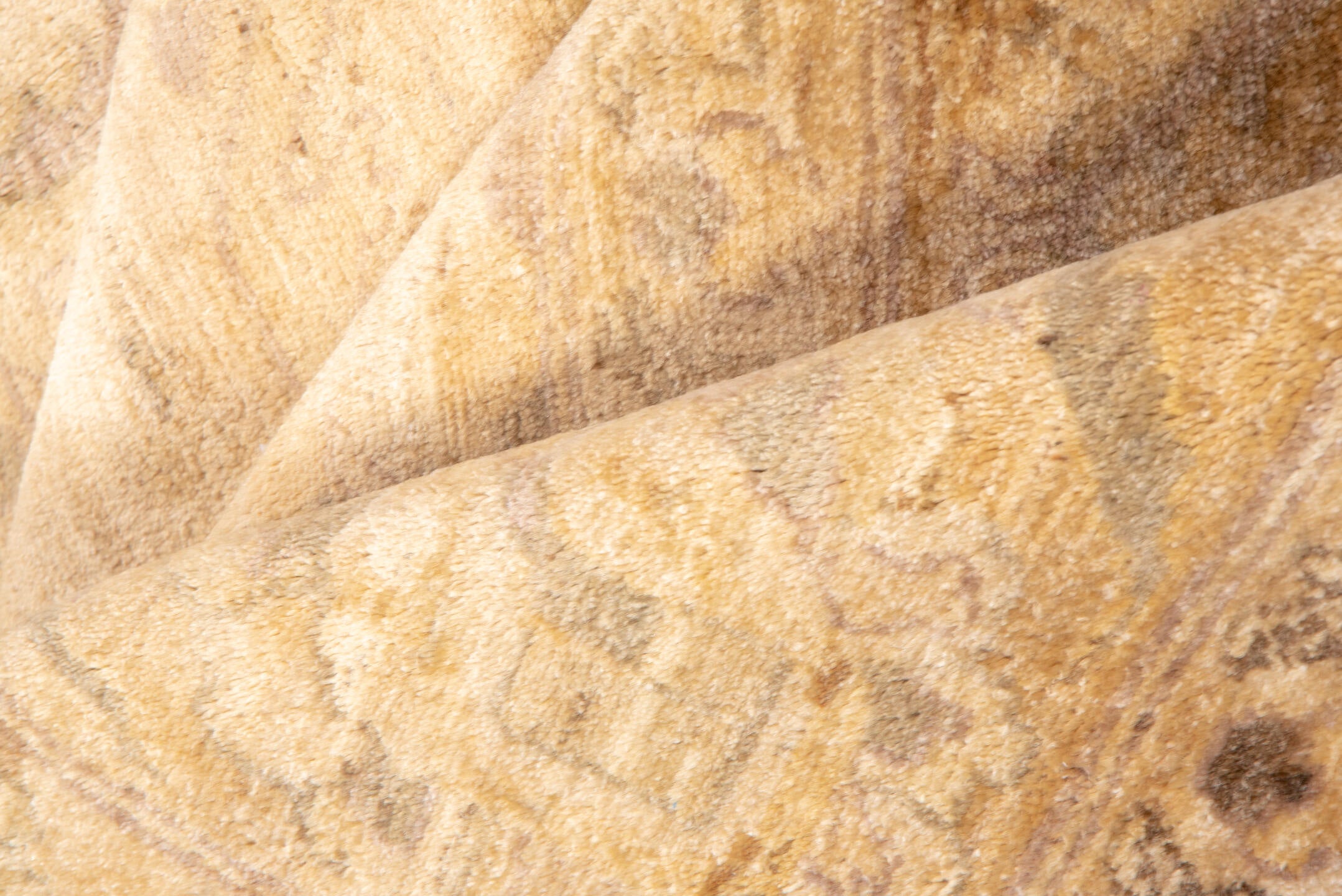 9' x 13' one-of-a-kind handmade vintage Oushak large size rug. Color palette: gold, camel, ivory, taupe, beige, gray