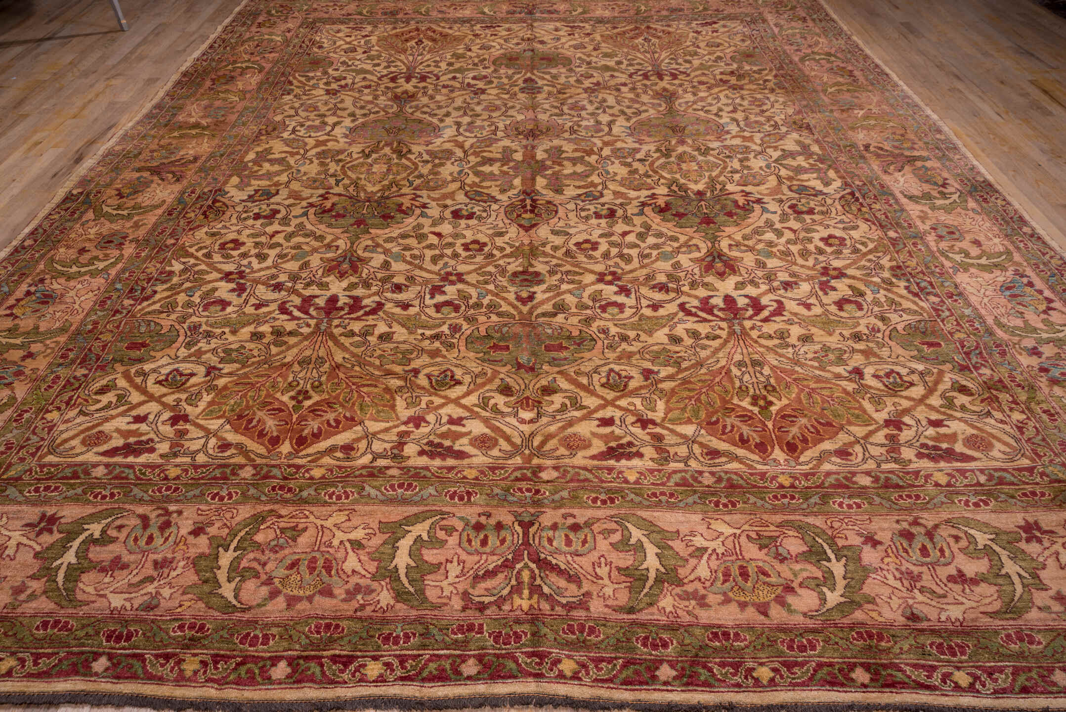 11' x 14' one-of-a-kind handmade vintage Sultanabad oversize rug. Color palette: blush, ivory, rose, olive, sage, burgundy