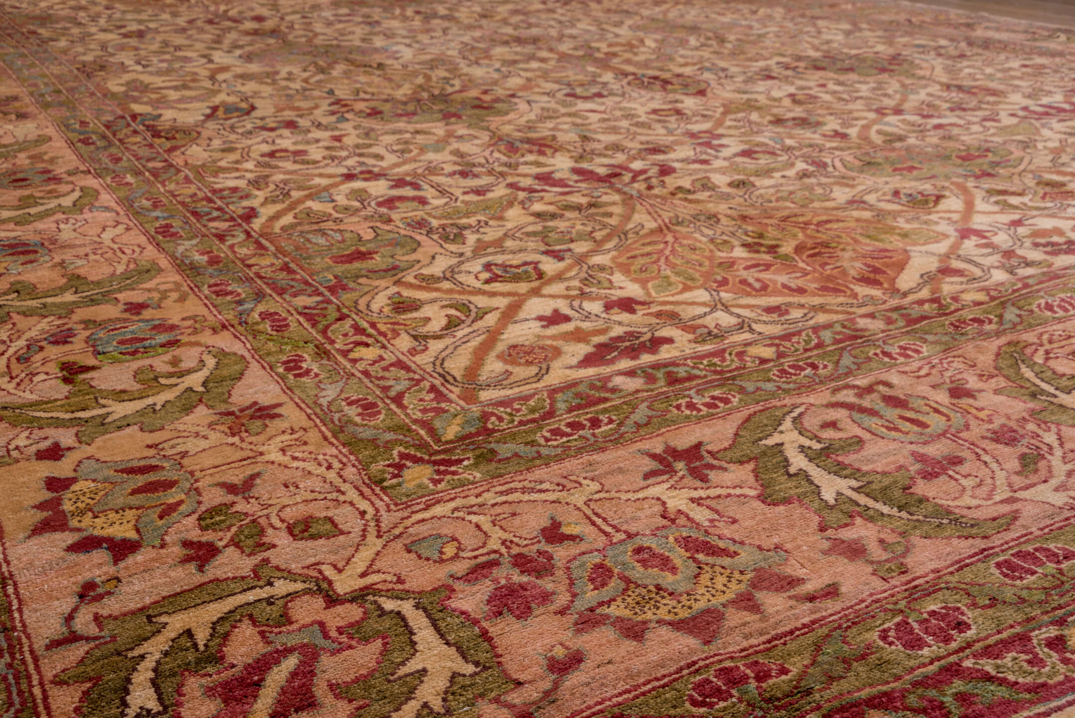 11' x 14' one-of-a-kind handmade vintage Sultanabad oversize rug. Color palette: blush, ivory, rose, olive, sage, burgundy