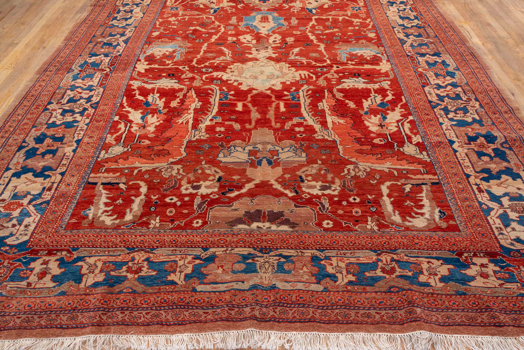 9' x 13' one-of-a-kind handmade vintage Sultanabad large size rug. Color palette: blue, brown, gray, light gray, off-white