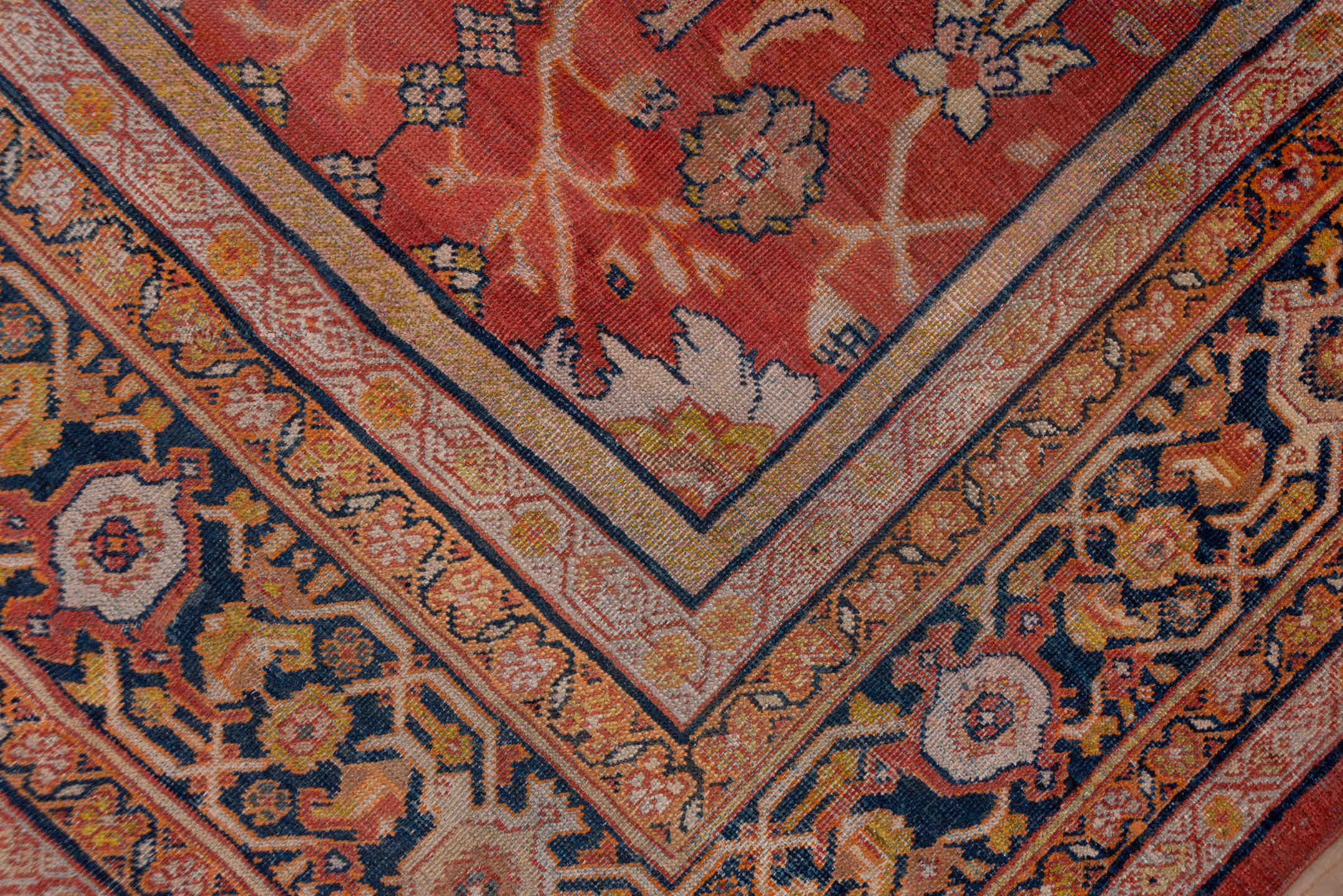 10' x 15' one-of-a-kind handmade antique Mahal rug. Color palette: terra cotta, navy, ivory, rust, gold, camel, sienna