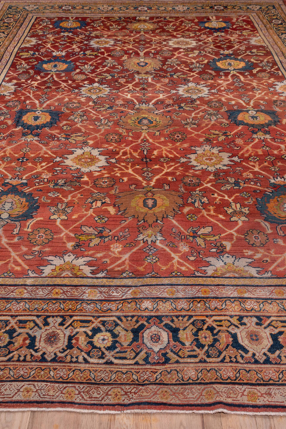 10' x 15' one-of-a-kind handmade vintage Mahal rug. Color palette: blue, brown, fiord, gray, light gray, off-white, pink