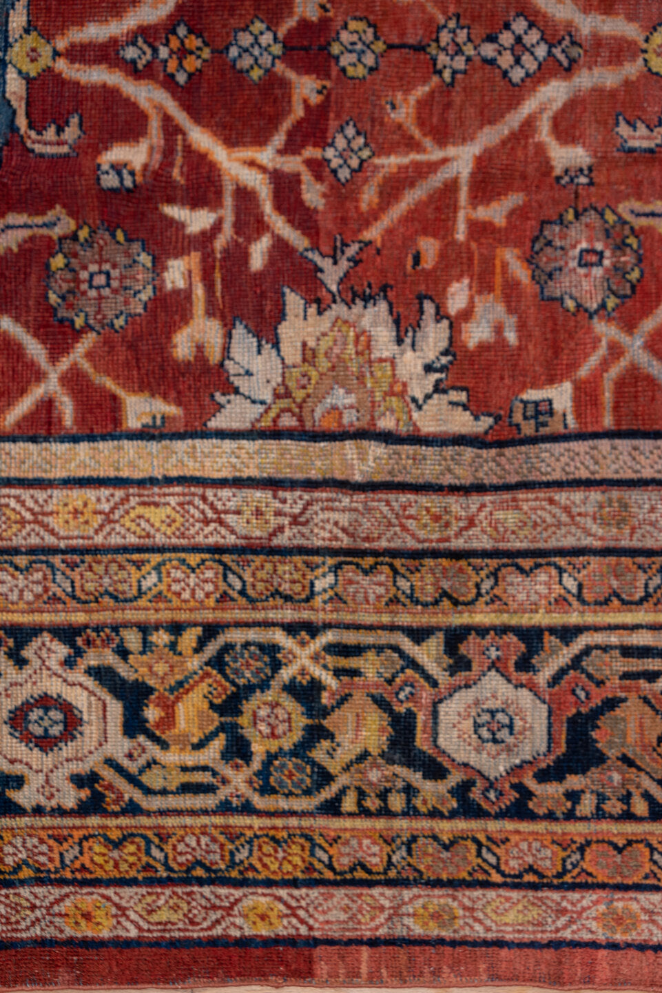 10' x 15' one-of-a-kind handmade vintage Mahal rug. Color palette: blue, brown, fiord, gray, light gray, off-white, pink
