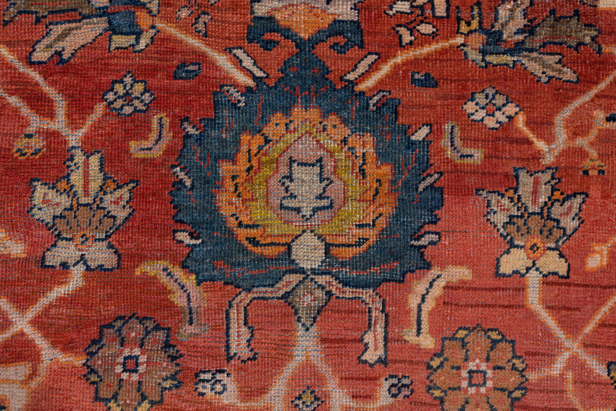 10' x 15' one-of-a-kind handmade antique Mahal rug. Color palette: terra cotta, navy, ivory, rust, gold, camel, sienna