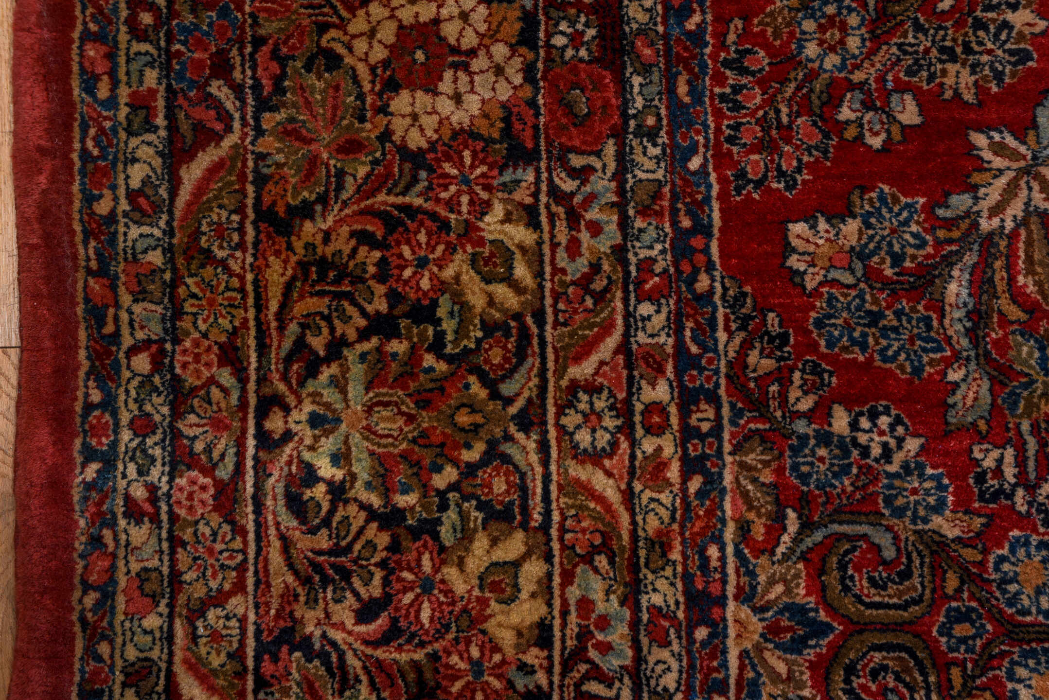 12' x 19' one-of-a-kind handmade vintage Sarouk oversize rug. Color palette: red, navy, ivory, rose, soft blue, burgundy