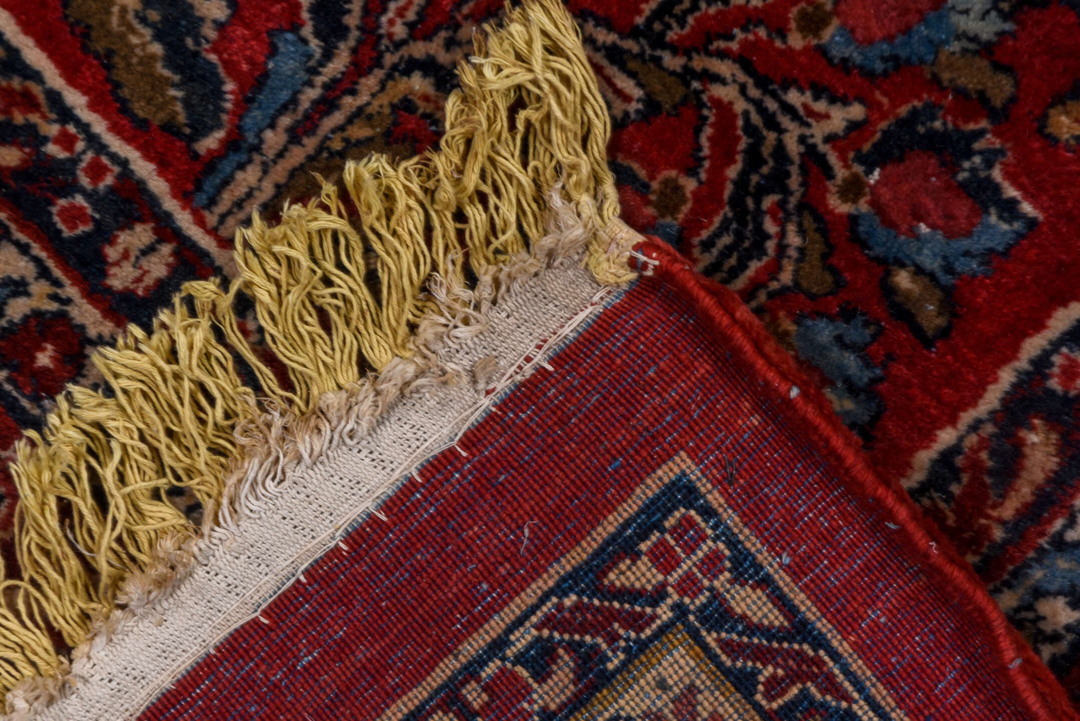 12' x 19' one-of-a-kind handmade vintage Sarouk oversize rug. Color palette: red, navy, ivory, rose, soft blue, burgundy