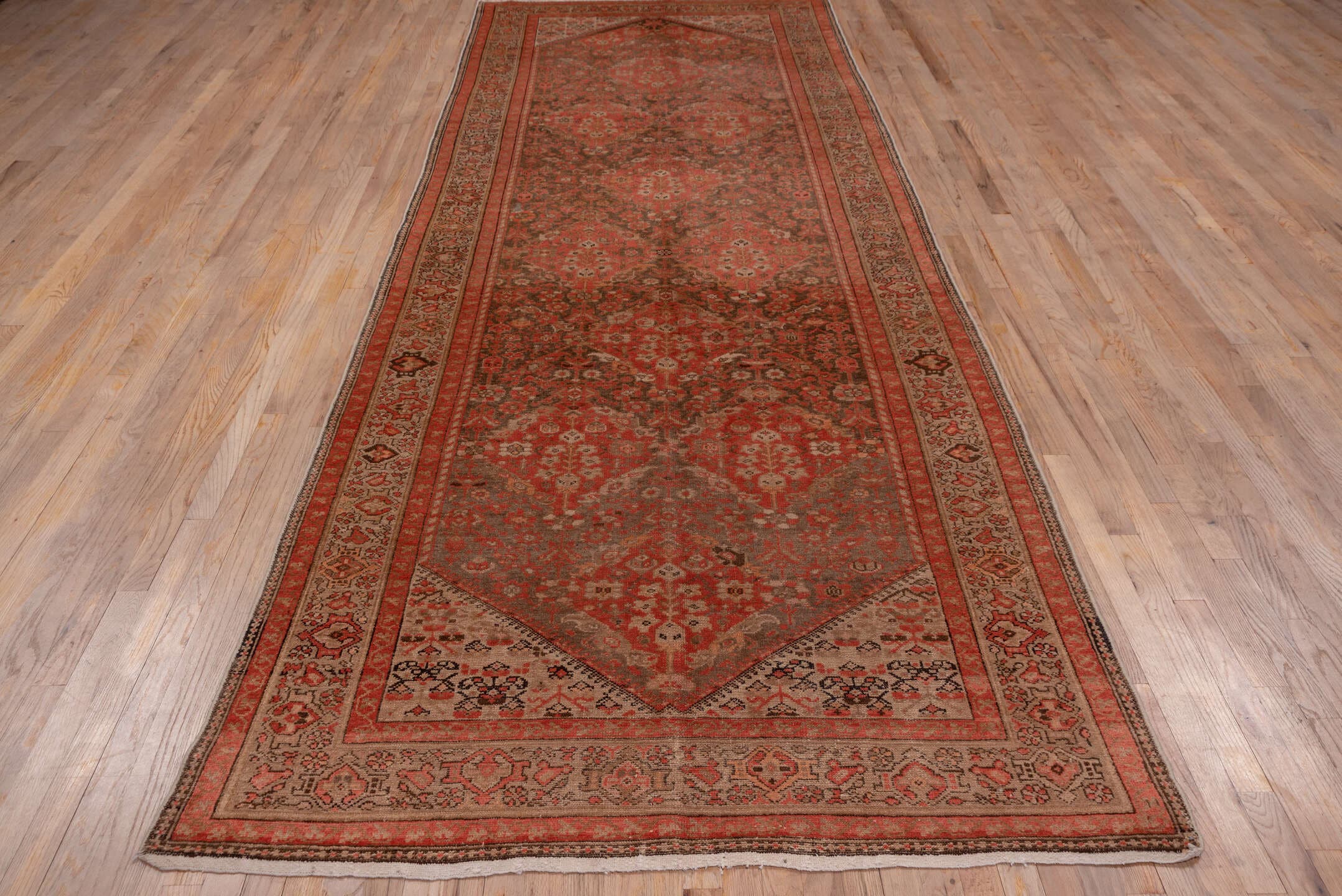 5' x 13' one-of-a-kind handmade antique Malayer rug. Color palette: rust, ivory, brown, terra cotta, charcoal, rose, taupe