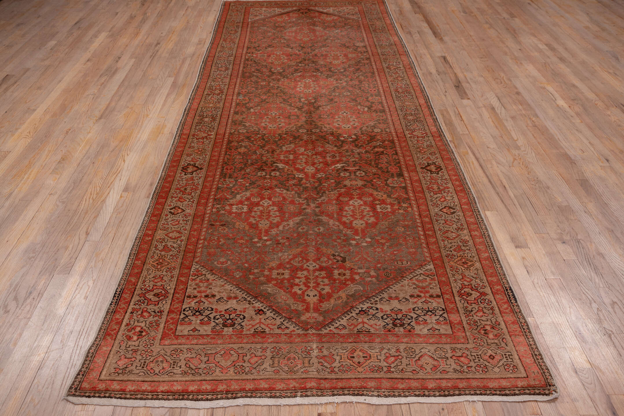 5' x 13' one-of-a-kind handmade antique Malayer rug. Color palette: rust, ivory, brown, terra cotta, charcoal, rose, taupe