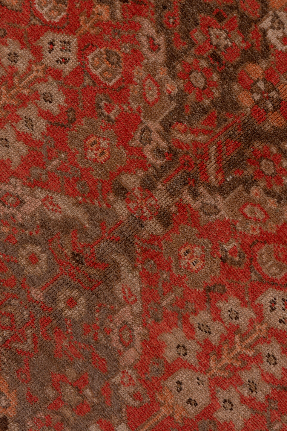 5' x 13' one-of-a-kind handmade antique Malayer rug. Color palette: rust, ivory, brown, terra cotta, charcoal, rose, taupe