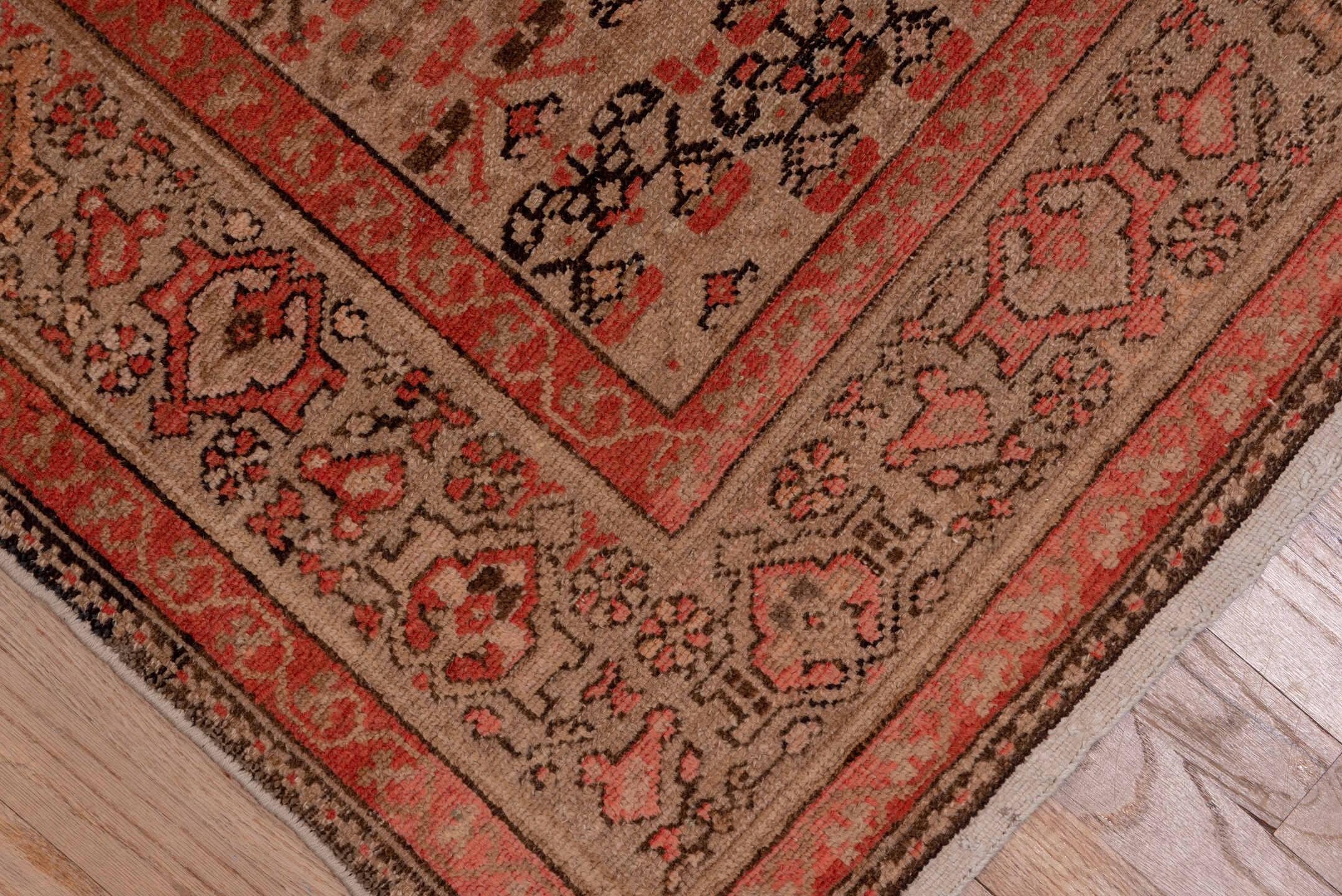 5' x 13' one-of-a-kind handmade antique Malayer rug. Color palette: rust, ivory, brown, terra cotta, charcoal, rose, taupe