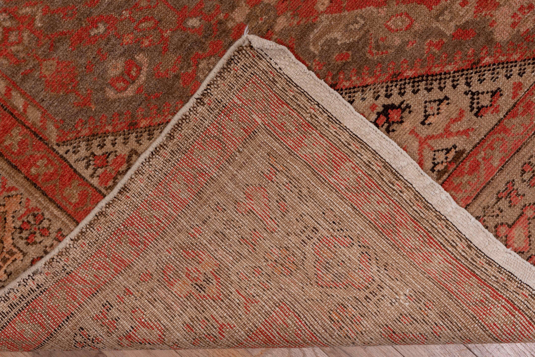 5' x 13' one-of-a-kind handmade antique Malayer rug. Color palette: rust, ivory, brown, terra cotta, charcoal, rose, taupe