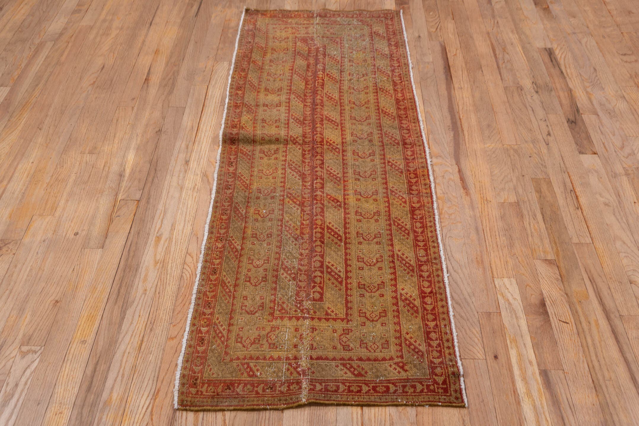 2' x 6' one-of-a-kind handmade vintage Malayer runner rug. Color palette: camel, rust, terra cotta, ivory, sienna, gold