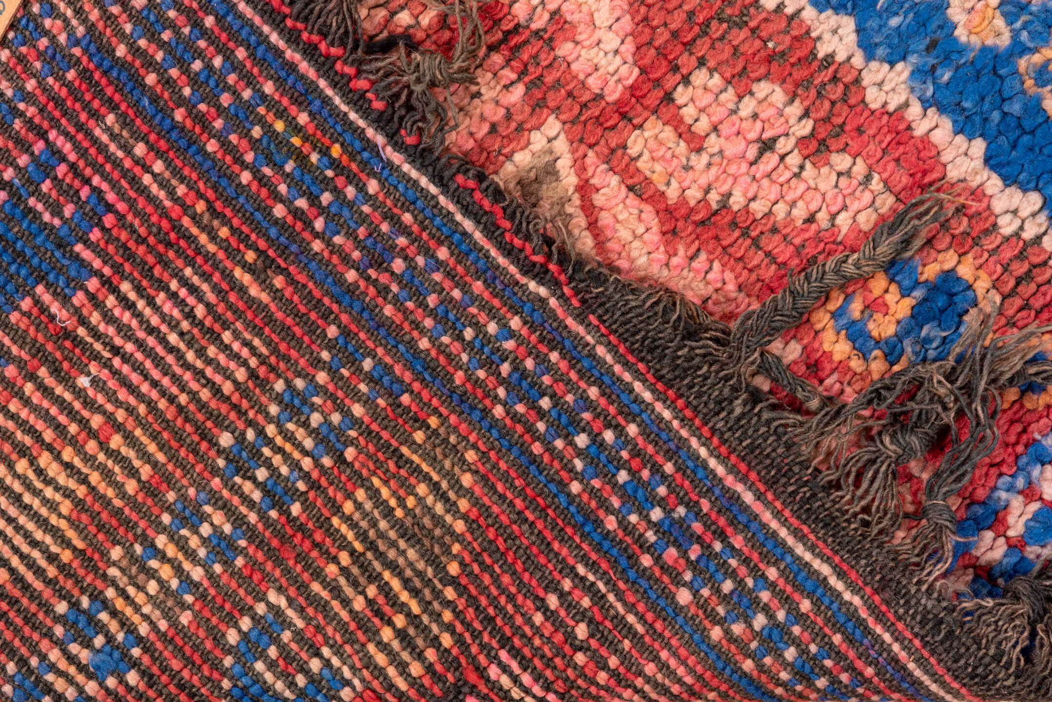 5' x 10' one-of-a-kind handmade antique Moroccan medium size rug. Color palette: rose, cobalt, rust, taupe, brown, ivory