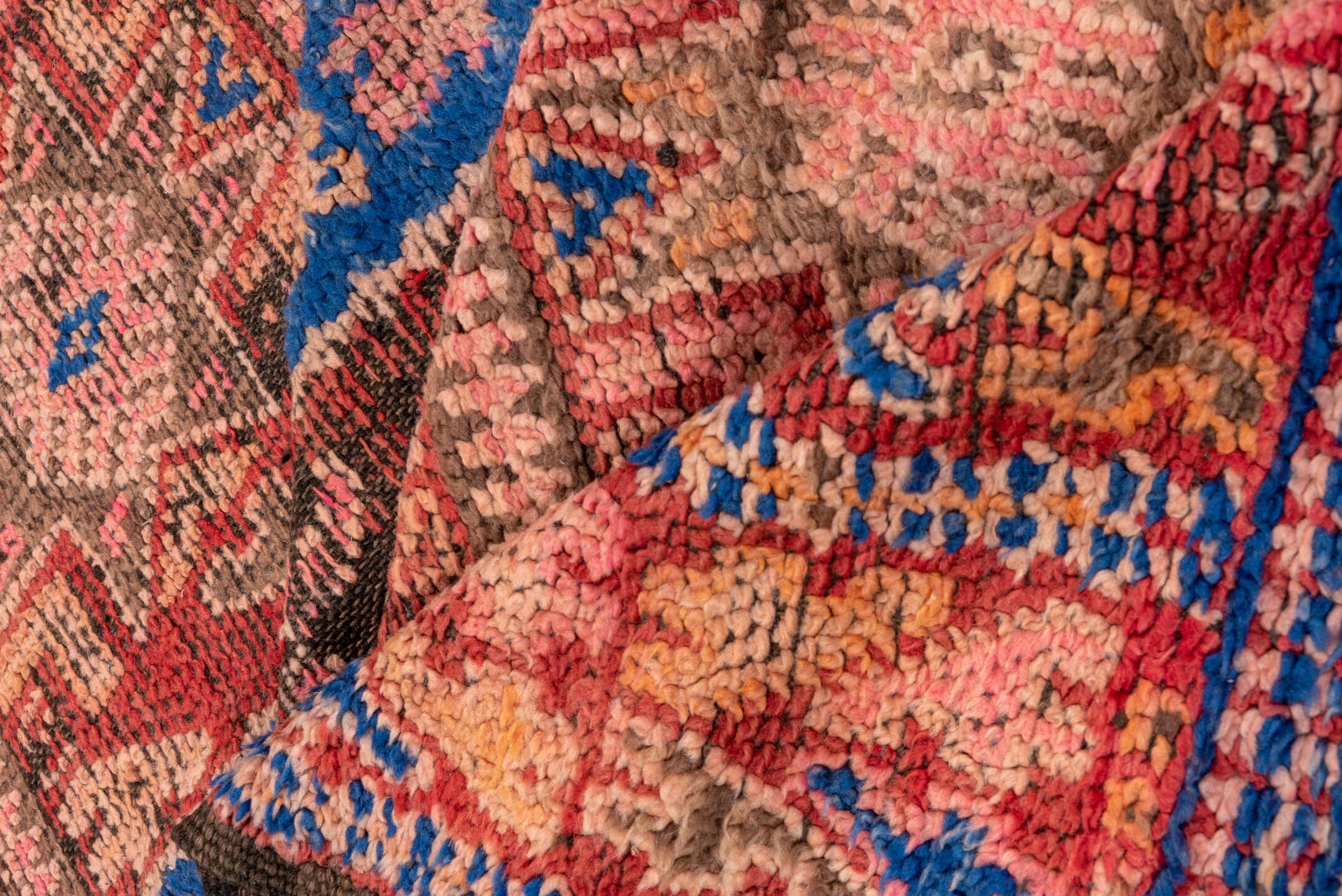5' x 10' one-of-a-kind handmade antique Moroccan medium size rug. Color palette: rose, cobalt, rust, taupe, brown, ivory