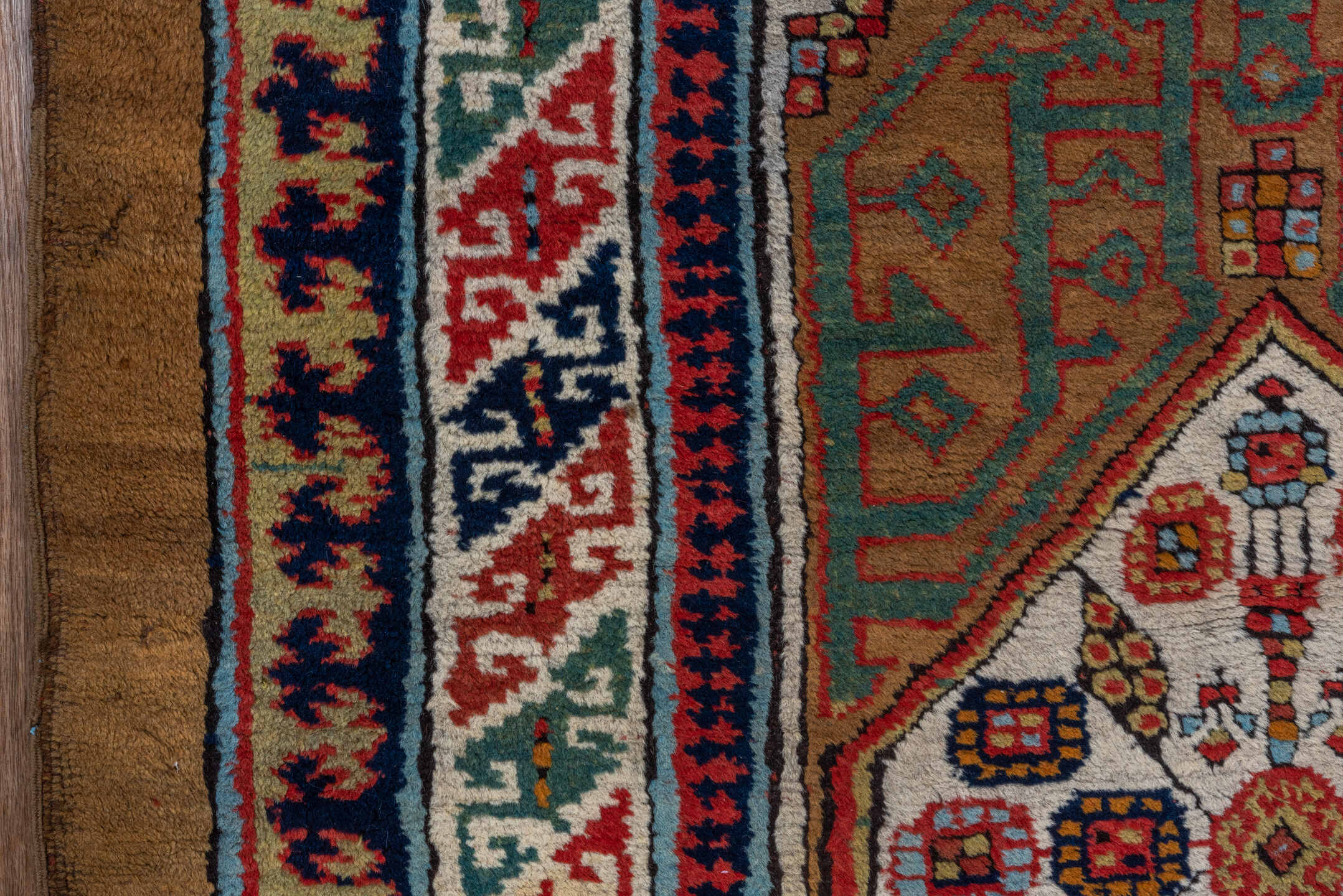 3' x 12' one-of-a-kind handmade antique Cam Hamadan runner rug. Color palette: camel, ivory, rust, navy, sage, terra cotta