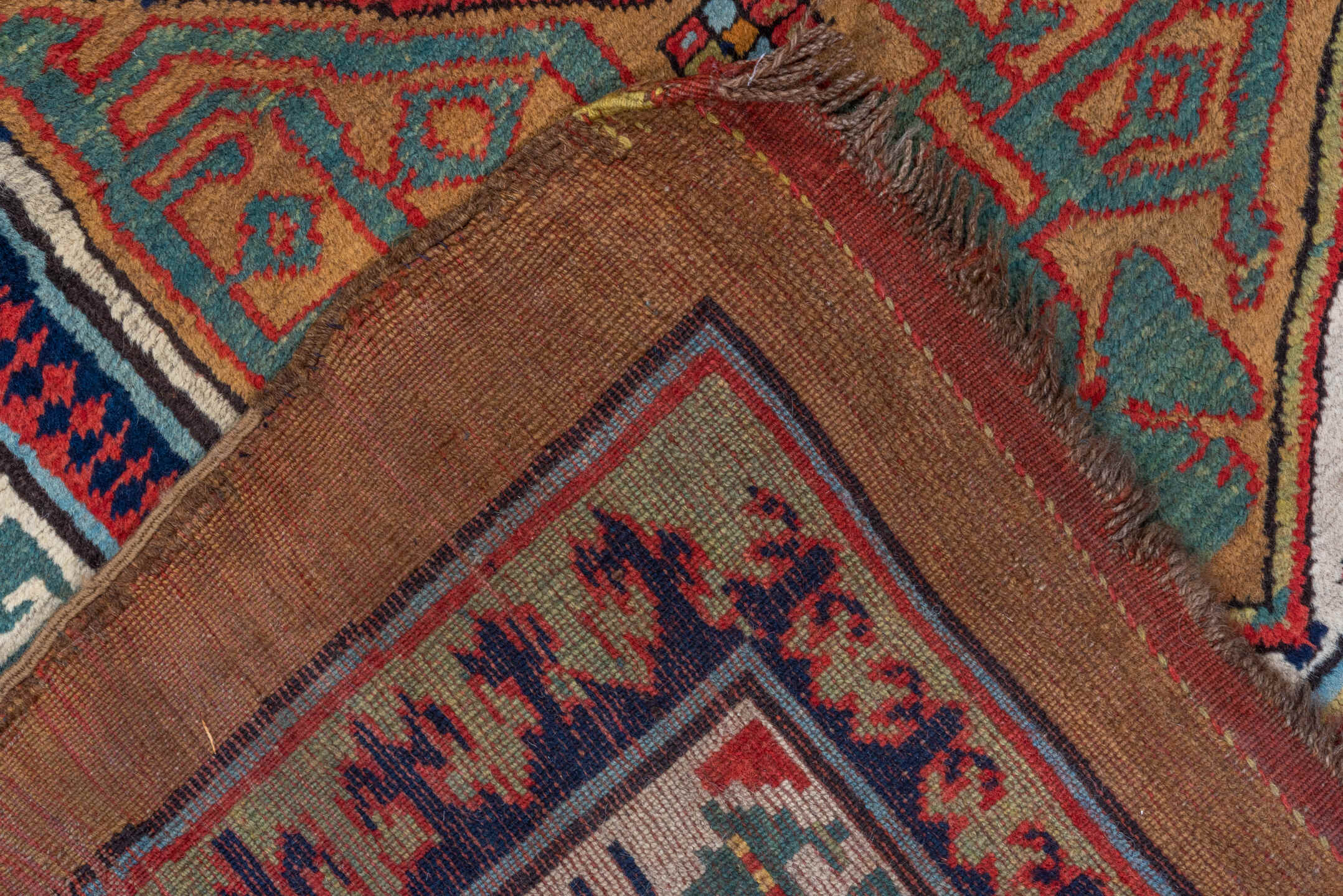 3' x 12' one-of-a-kind handmade vintage Cam Hamadan runner rug. Color palette: blue, brown, dark gray, gray, off-white, red