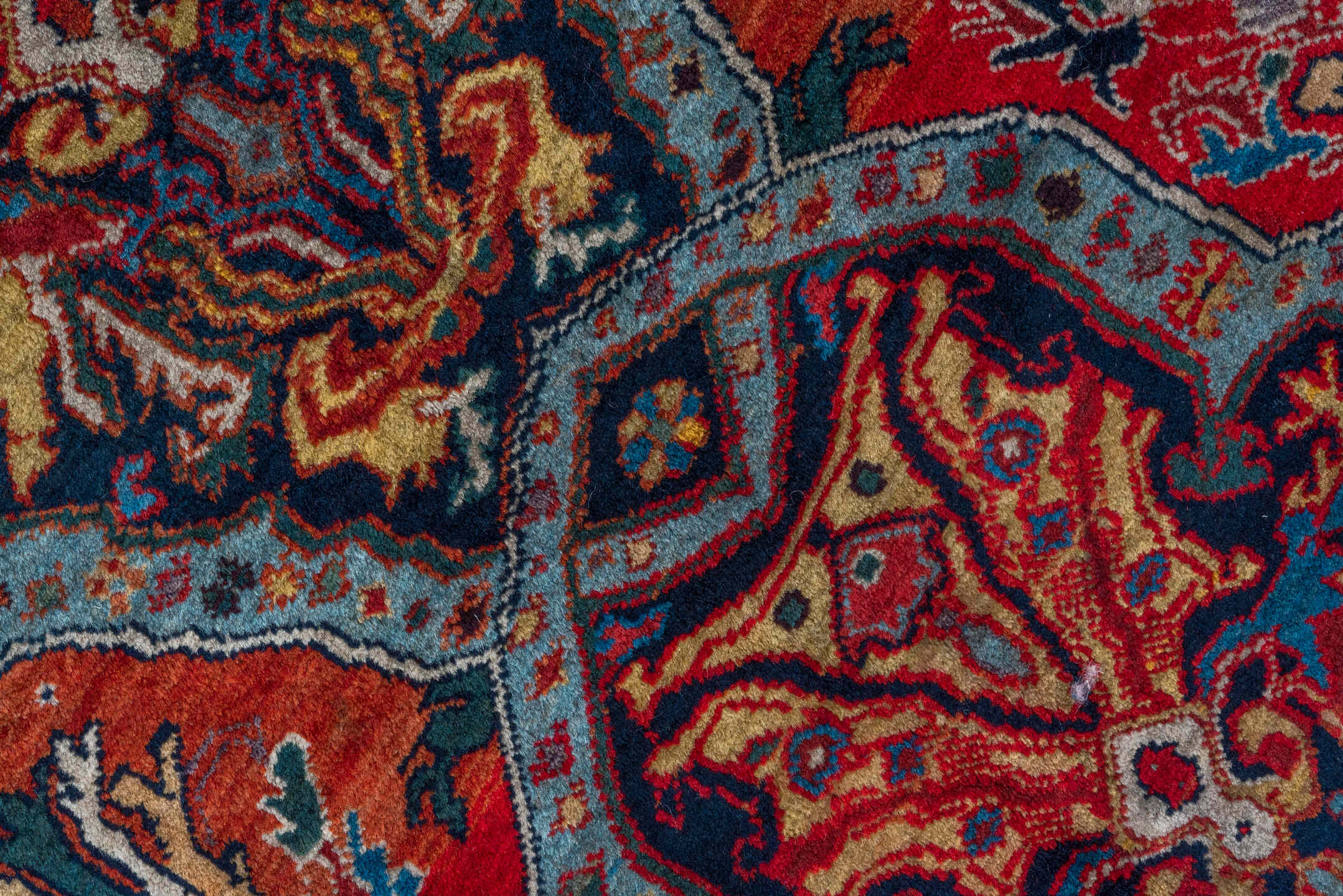 5' x 8' one-of-a-kind handmade antique Qashqai medium size rug. Color palette: red, navy, ivory, sky blue, rust, gold