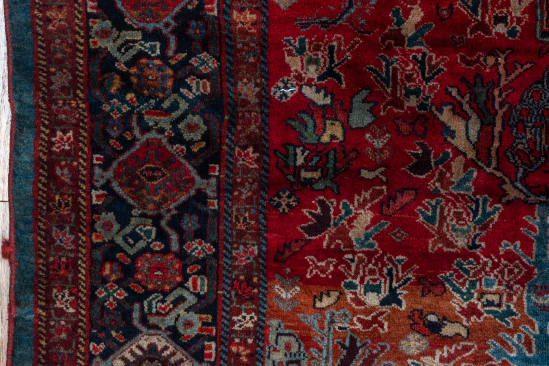 5' x 8' one-of-a-kind handmade antique Qashqai medium size rug. Color palette: red, navy, ivory, sky blue, rust, gold