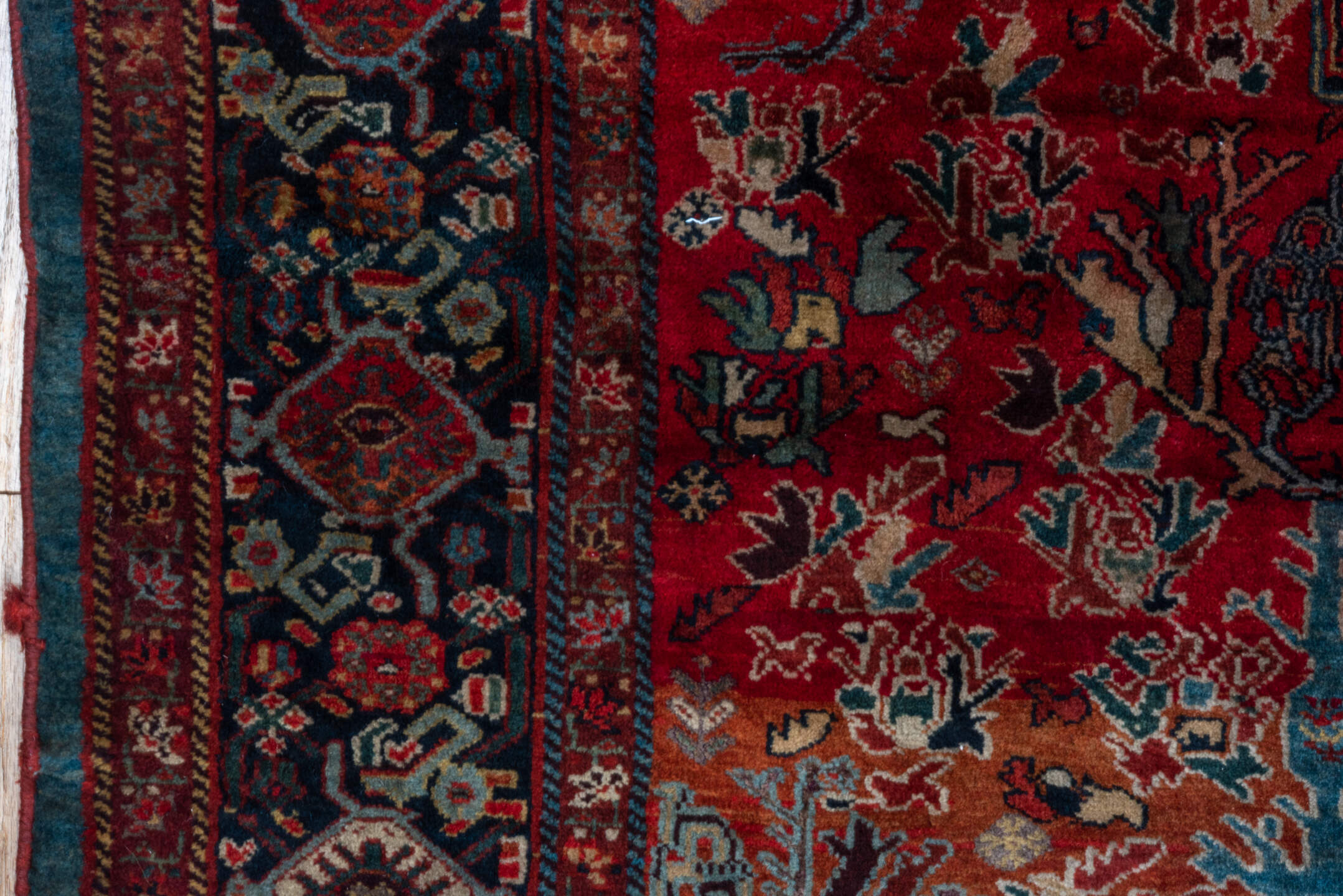 5' x 8' one-of-a-kind handmade antique Qashqai medium size rug. Color palette: red, navy, ivory, sky blue, rust, gold