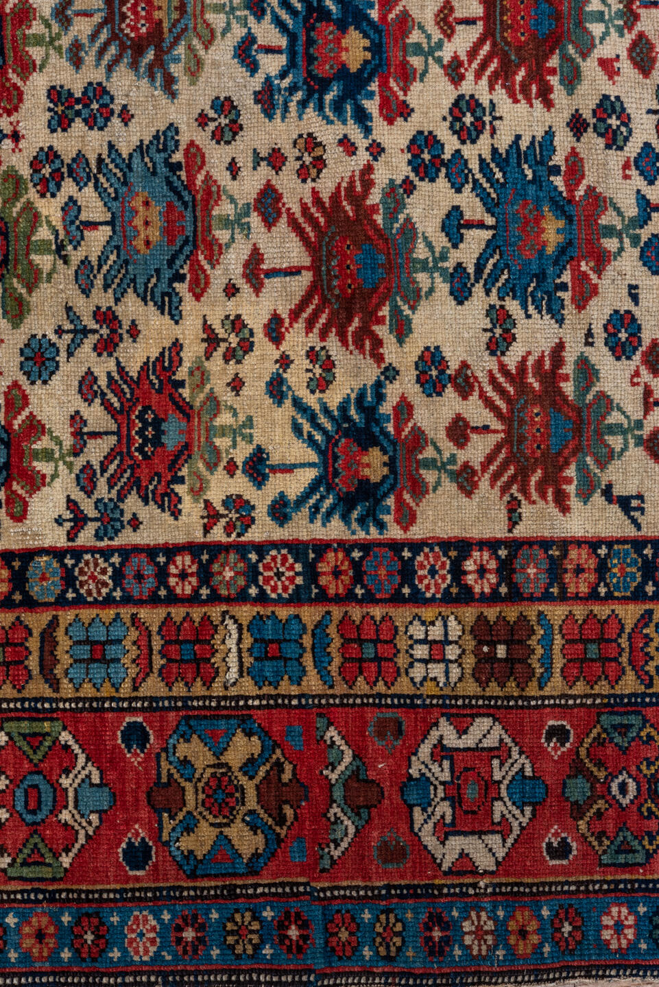 4' x 5' one-of-a-kind handmade vintage Shirvan small size rug. Color palette: arapawa, black, blue, brown, charcoal