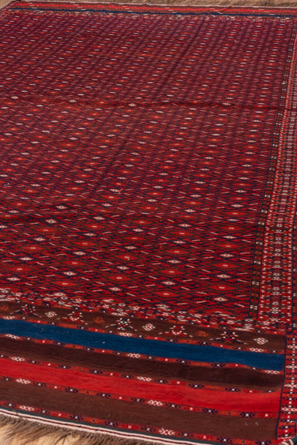 7' x 14' one-of-a-kind handmade vintage Flatweave large size rug. Color palette: rust, crimson, burgundy, indigo, ivory