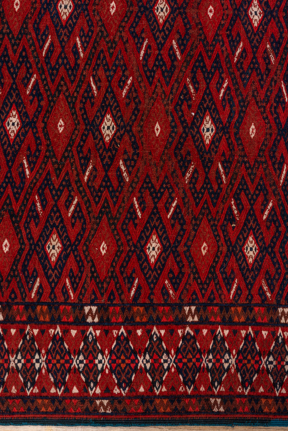 7' x 14' one-of-a-kind handmade vintage Flatweave large size rug. Color palette: rust, crimson, burgundy, indigo, ivory
