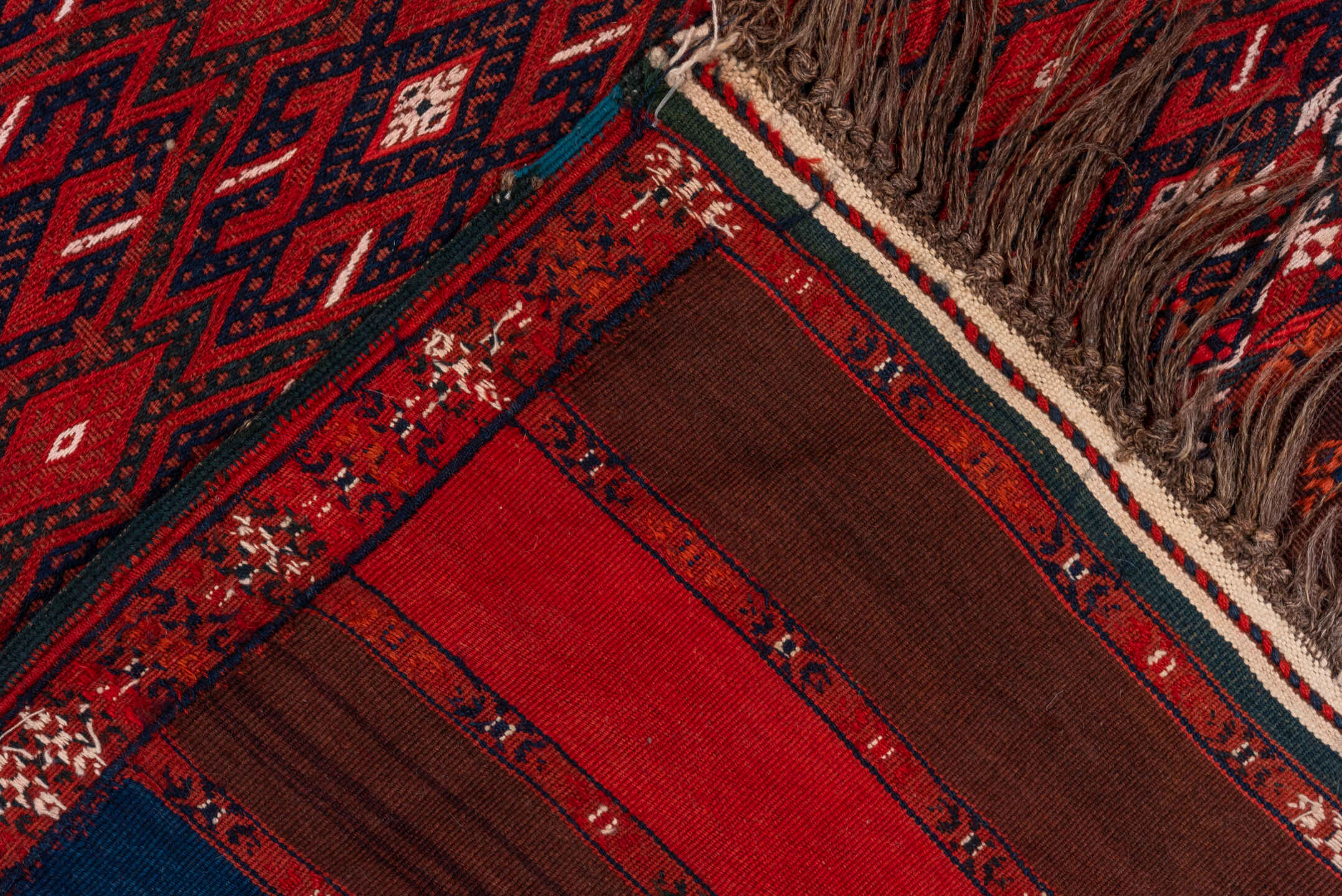 7' x 14' one-of-a-kind handmade vintage Flatweave large size rug. Color palette: rust, crimson, burgundy, indigo, ivory
