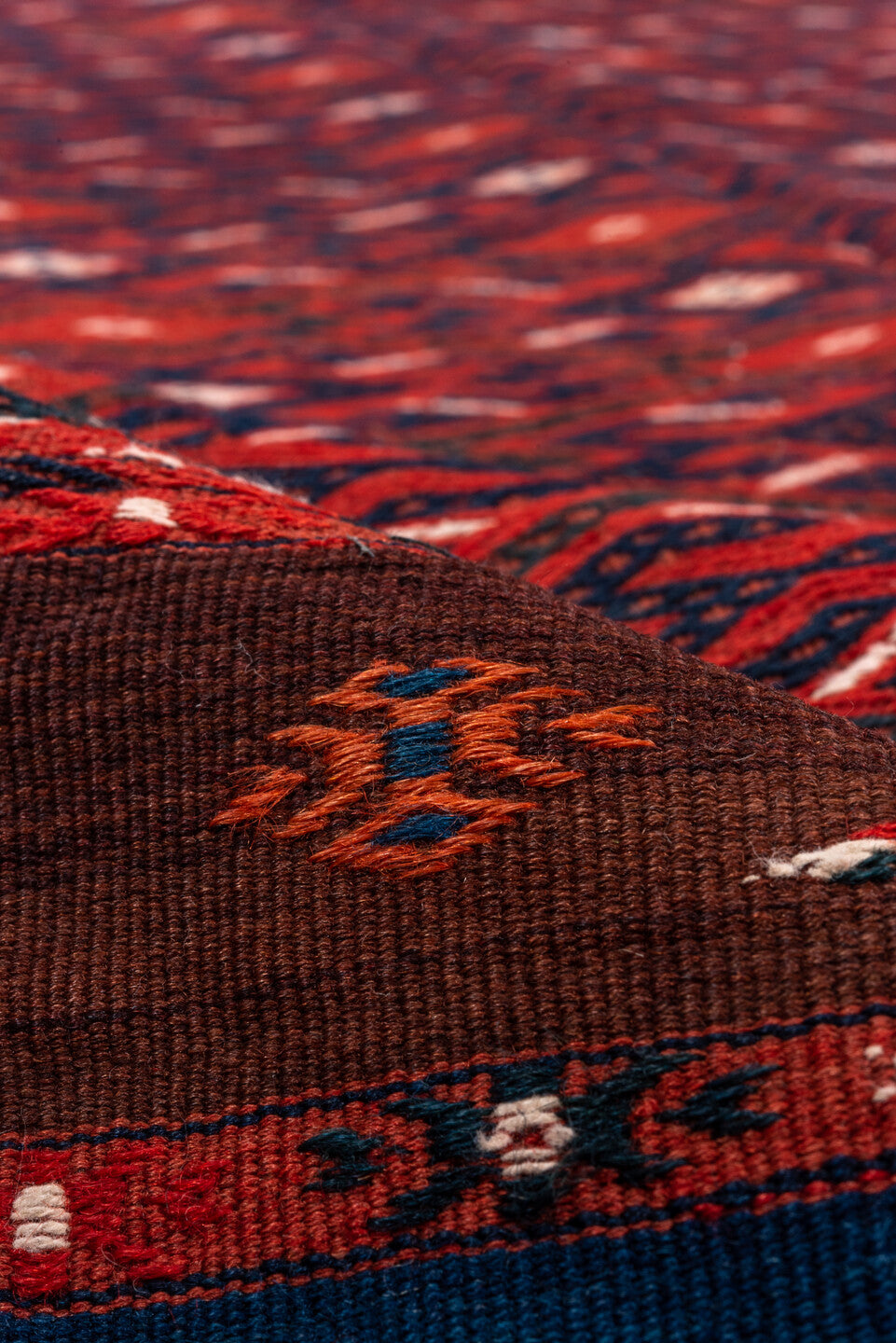 7' x 14' one-of-a-kind handmade vintage Flatweave large size rug. Color palette: rust, crimson, burgundy, indigo, ivory