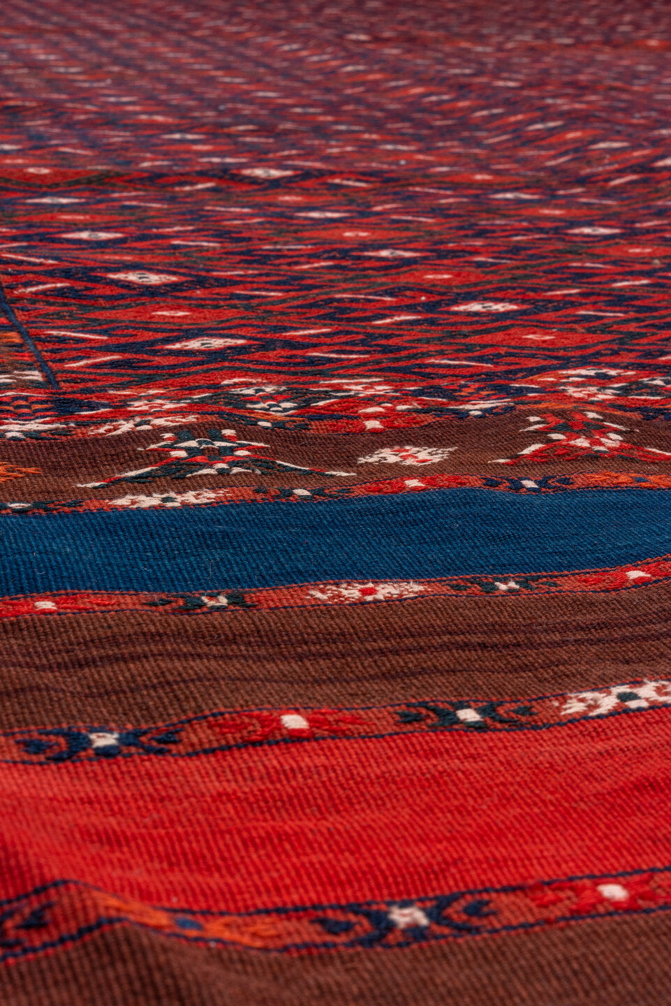 7' x 14' one-of-a-kind handmade vintage Flatweave large size rug. Color palette: rust, crimson, burgundy, indigo, ivory