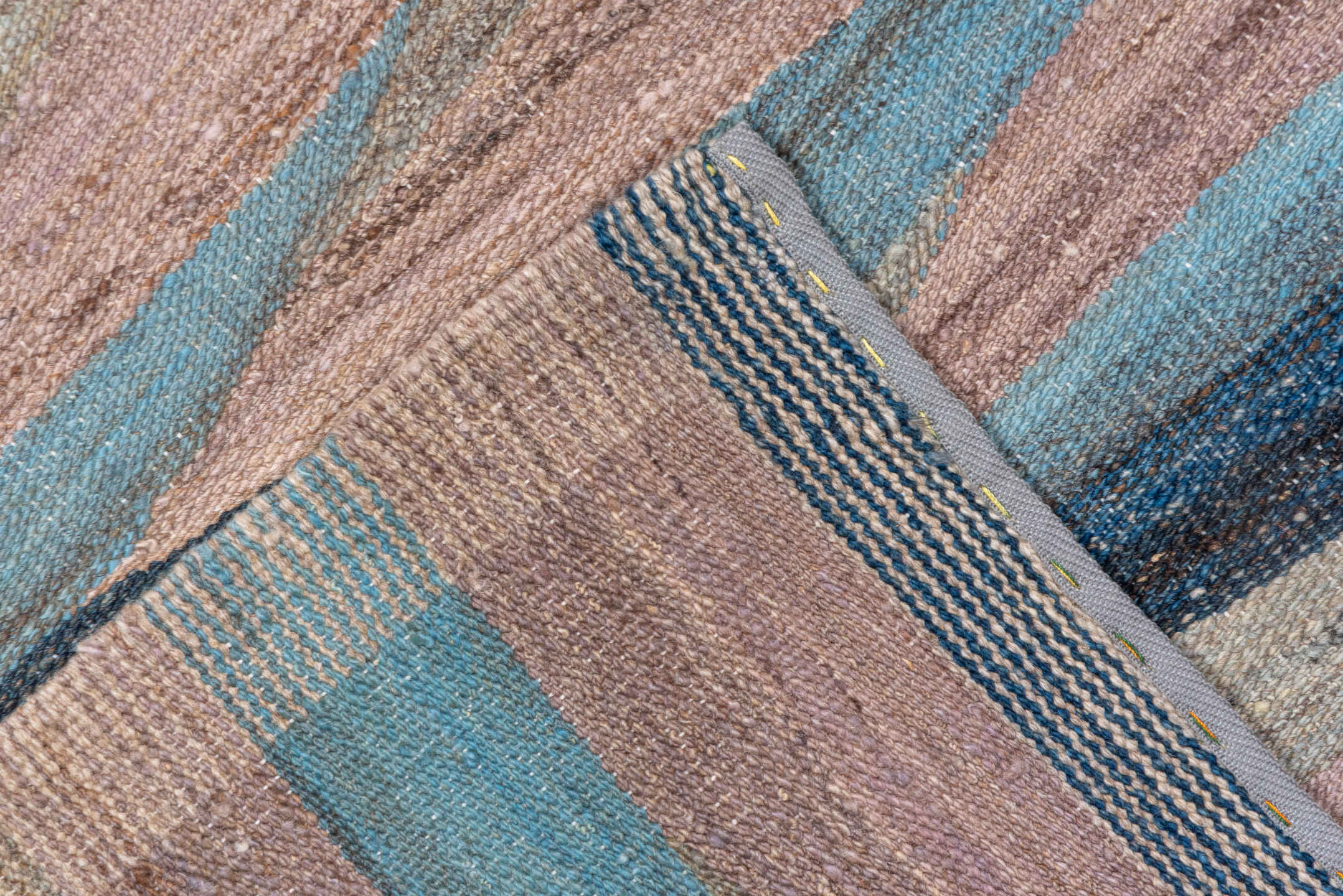8' x 9' one-of-a-kind handmade vintage Kilim rug. Color palette: taupe, sky blue, navy, blush, beige, slate, gray