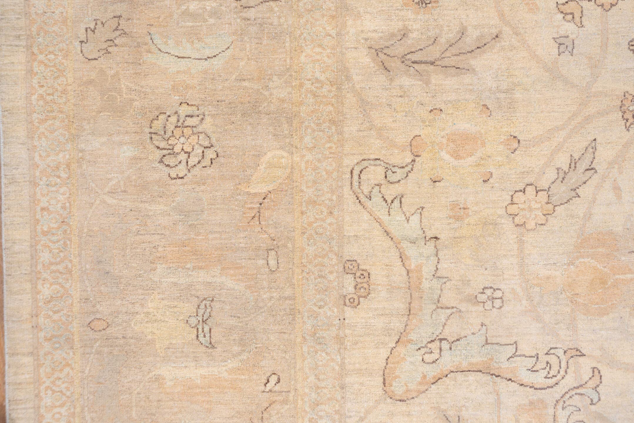 9' x 12' one-of-a-kind handmade vintage Sivas large size rug. Color palette: ivory, cream, blush, taupe, beige, sand, peach