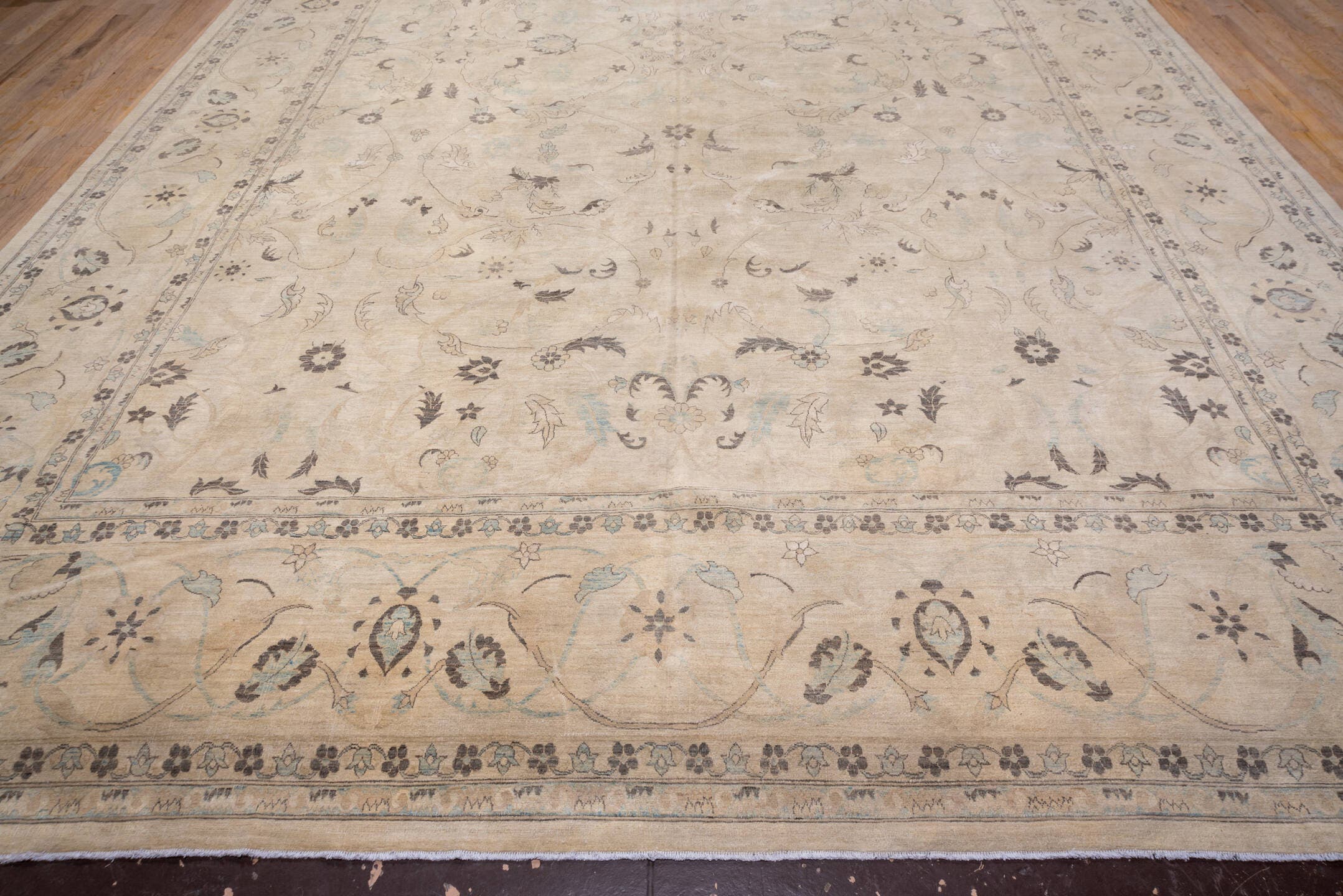 12' x 19' one-of-a-kind handmade vintage Sivas oversize rug. Color palette: beige, ivory, taupe, pale blue, slate, camel