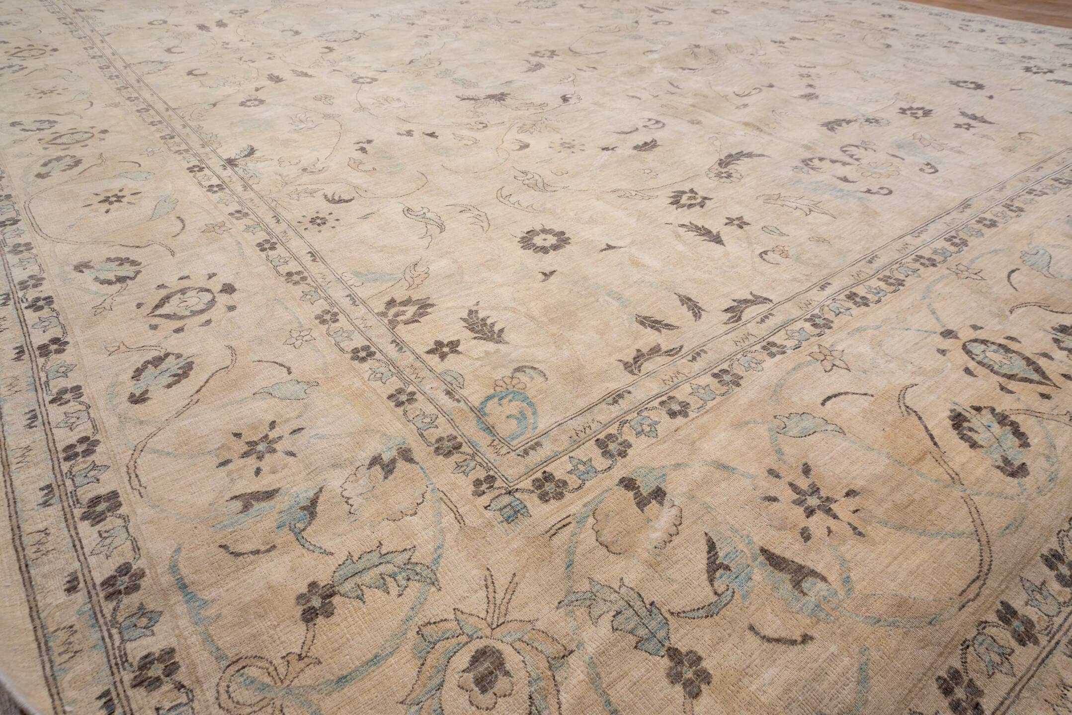 12' x 19' one-of-a-kind handmade vintage Sivas oversize rug. Color palette: beige, ivory, taupe, pale blue, slate, camel
