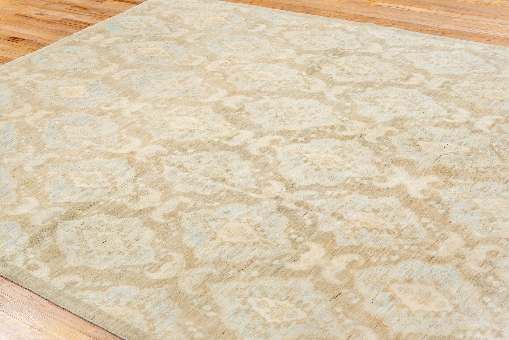 8' x 9' one-of-a-kind handmade vintage Sivas rug. Color palette: brown, gray, light gray, off-white, orange, papaya whip
