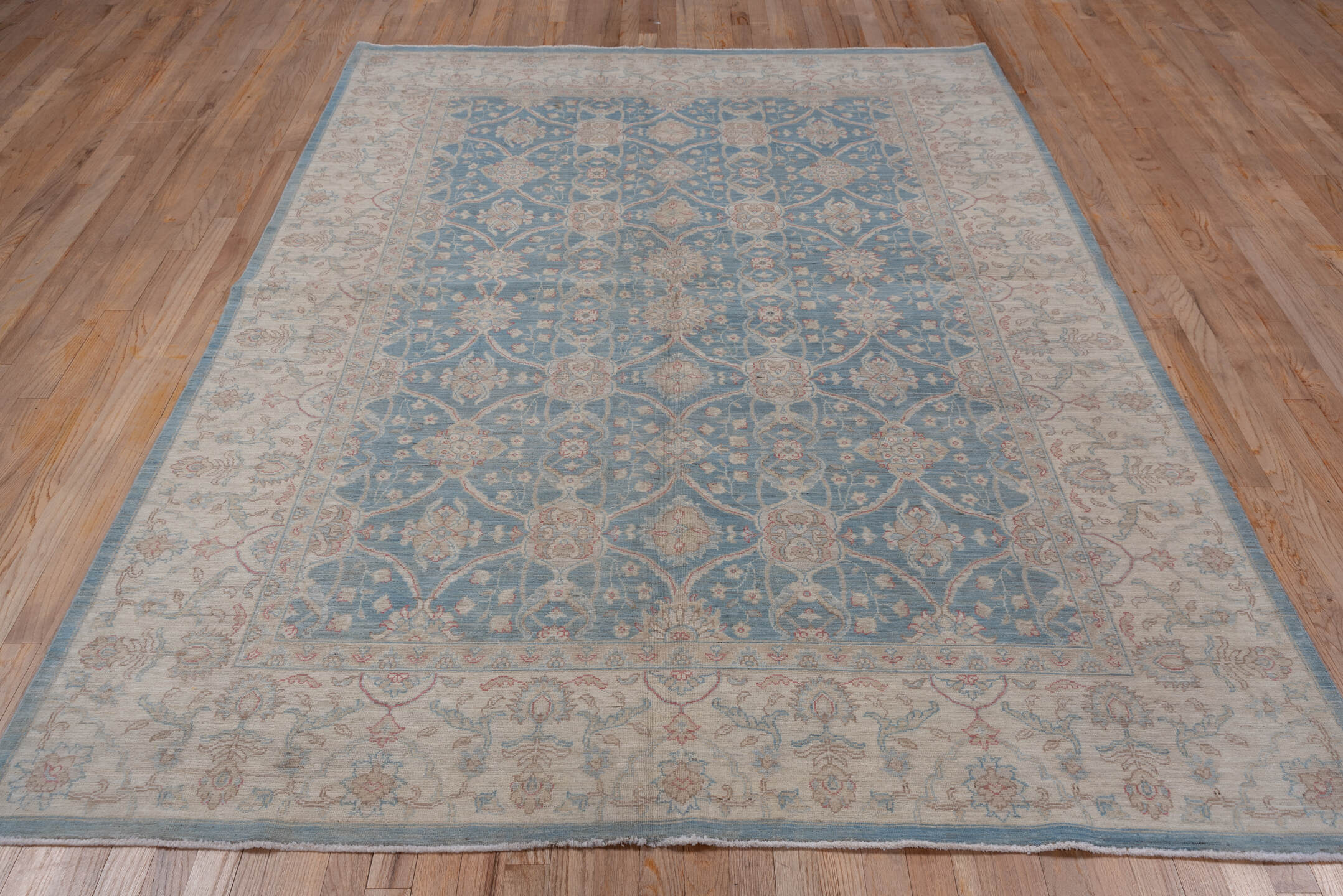 6' x 9' one-of-a-kind handmade vintage Afghan medium size rug. Color palette: pale blue, ivory, blush, taupe, sage