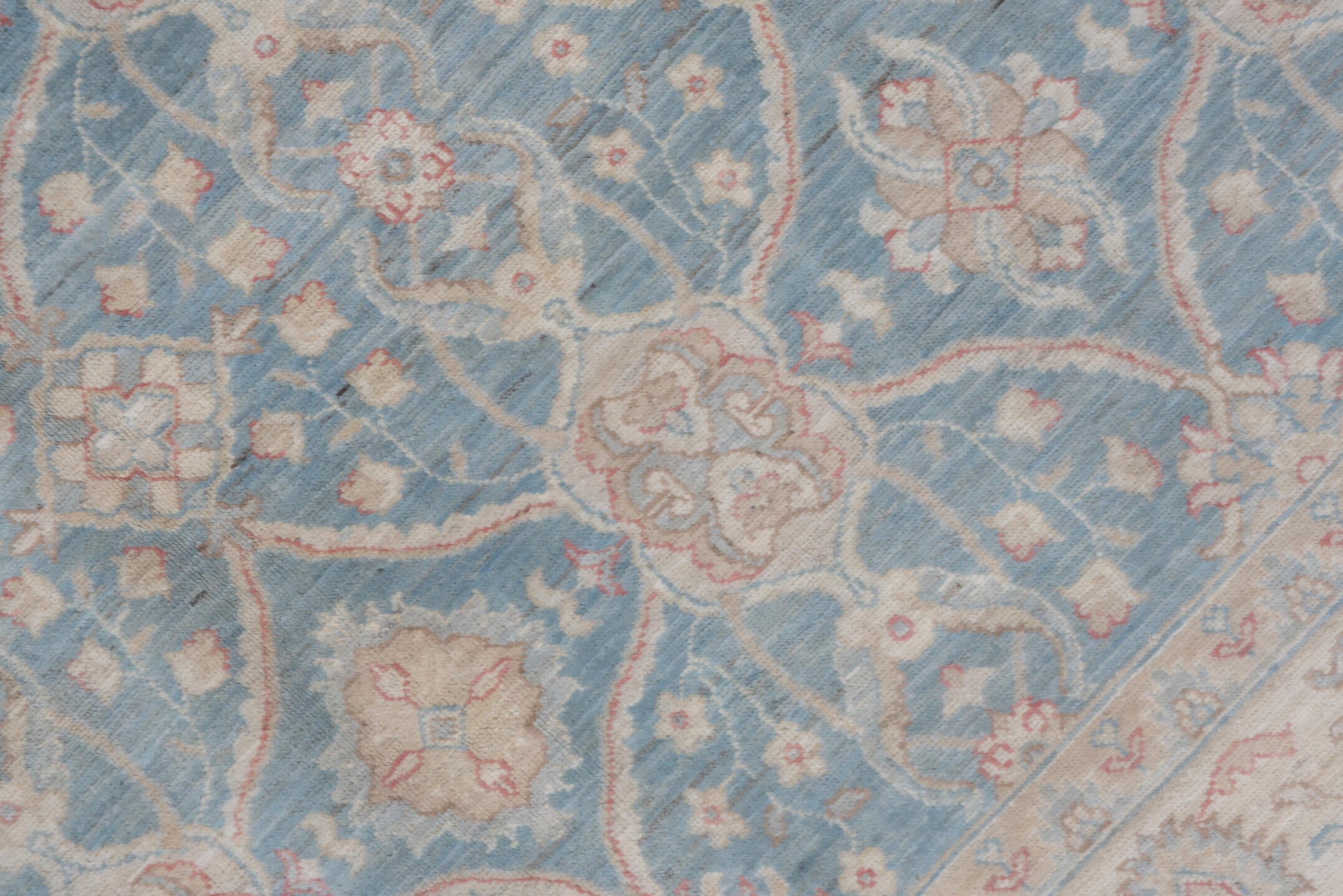 6' x 9' one-of-a-kind handmade vintage Afghan medium size rug. Color palette: pale blue, ivory, blush, taupe, sage