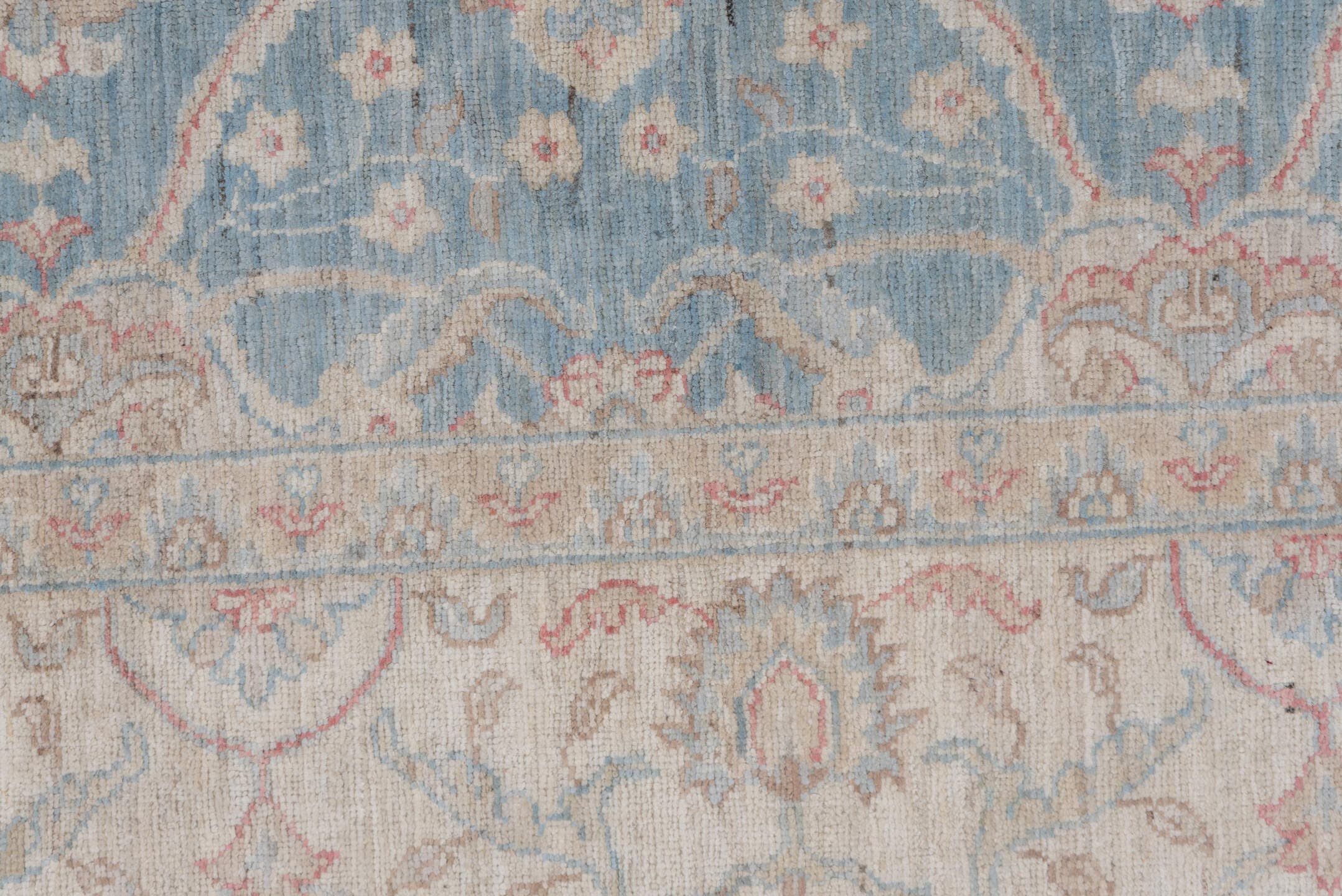 6' x 9' one-of-a-kind handmade vintage Afghan medium size rug. Color palette: pale blue, ivory, blush, taupe, sage