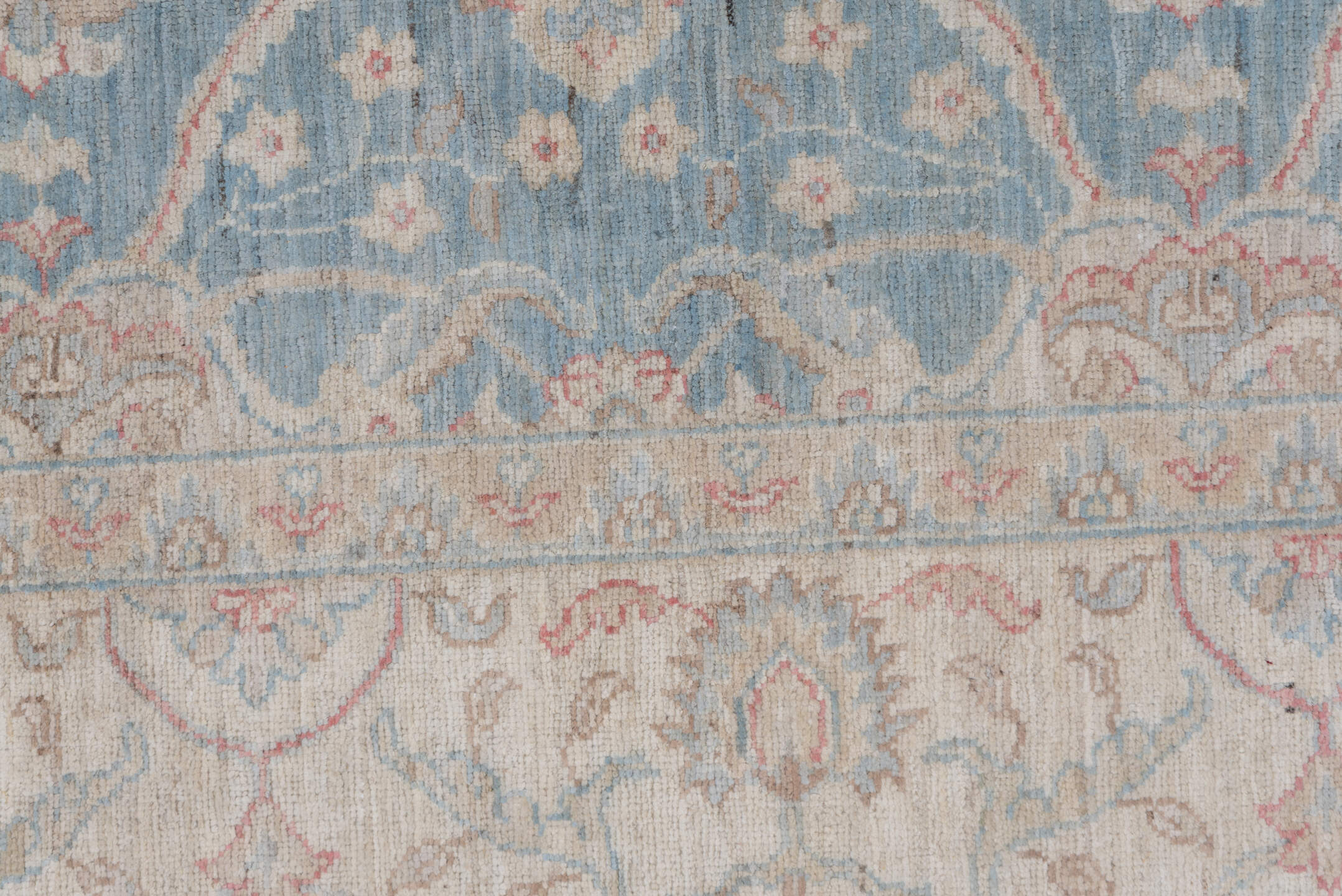 6' x 9' one-of-a-kind handmade vintage Afghan medium size rug. Color palette: pale blue, ivory, blush, taupe, sage
