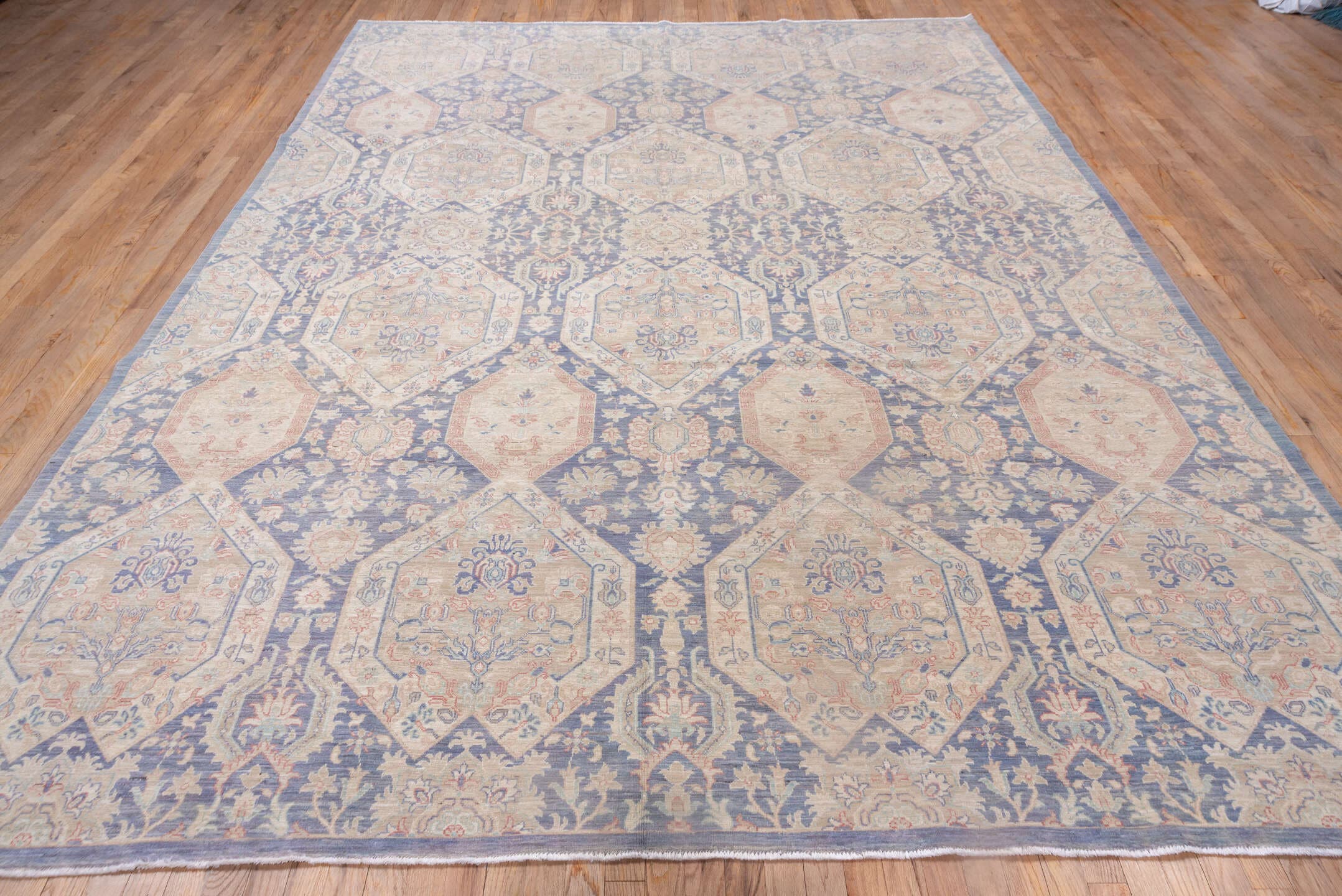 8' x 12' one-of-a-kind handmade vintage Afghan large size rug. Color palette: powder blue, ivory, blush, taupe, slate, cream